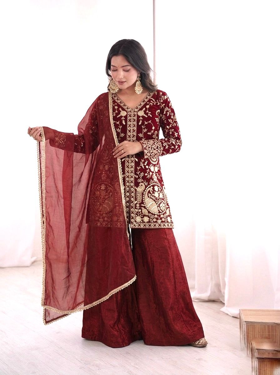 JF 043 Rust Pure Fendy Silk Salwar Suitwith Embroidery Work & Sequins Work. Exclusive Offer ₹1940. Delivery 4-6 Working Days. Shop now. | Jump Suits, Salwar suit, Casual Suits, Creative suits, Designer Suits, Palazzo Suits, Party Wear Suits, Patiala Suits, Straight Suits