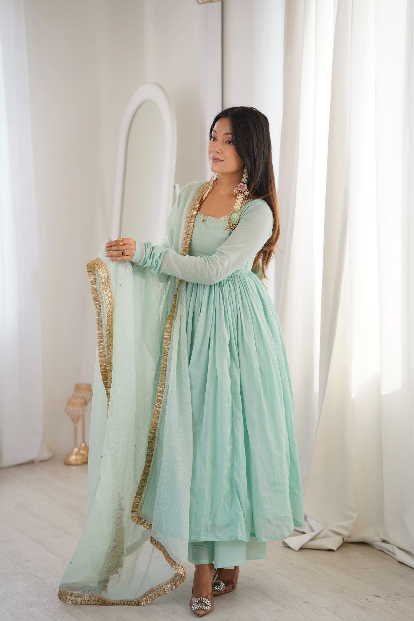 ZF 5020 Sea Green Sea Green Heavy Faux Gown with Lace Border & Lace Work. Festive Deal ₹2099. Delivery 4-6 Working Days. Shop now. | Gowns, Bollywood Gowns, Creative Gowns, Designer Gowns, Embroidered Gowns, Party Wear Gowns