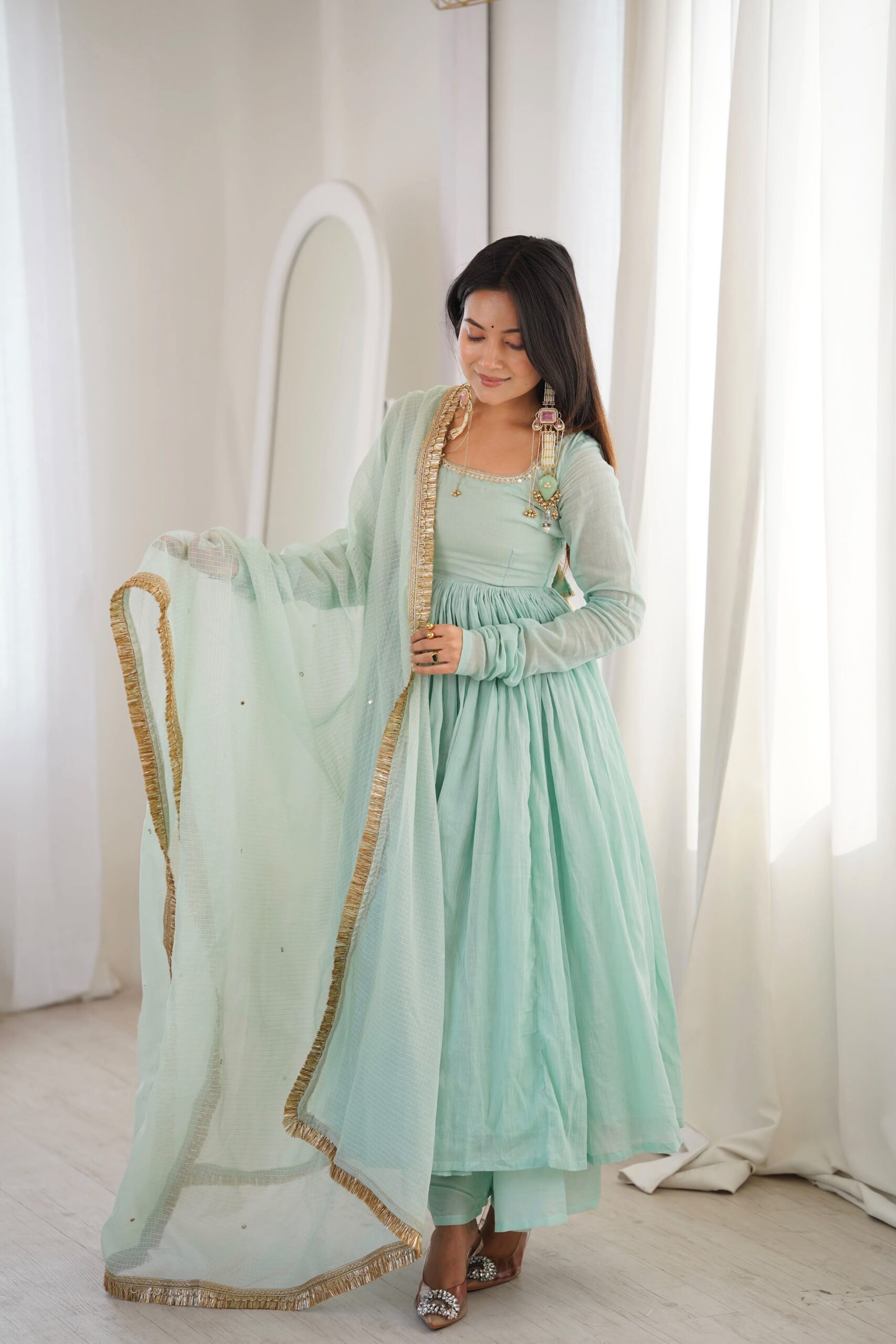 ZF 5020 Sea Green Sea Green Heavy Faux Gown with Lace Border & Lace Work. Festive Deal ₹2099. Delivery 4-6 Working Days. Shop now. | Gowns, Bollywood Gowns, Creative Gowns, Designer Gowns, Embroidered Gowns, Party Wear Gowns