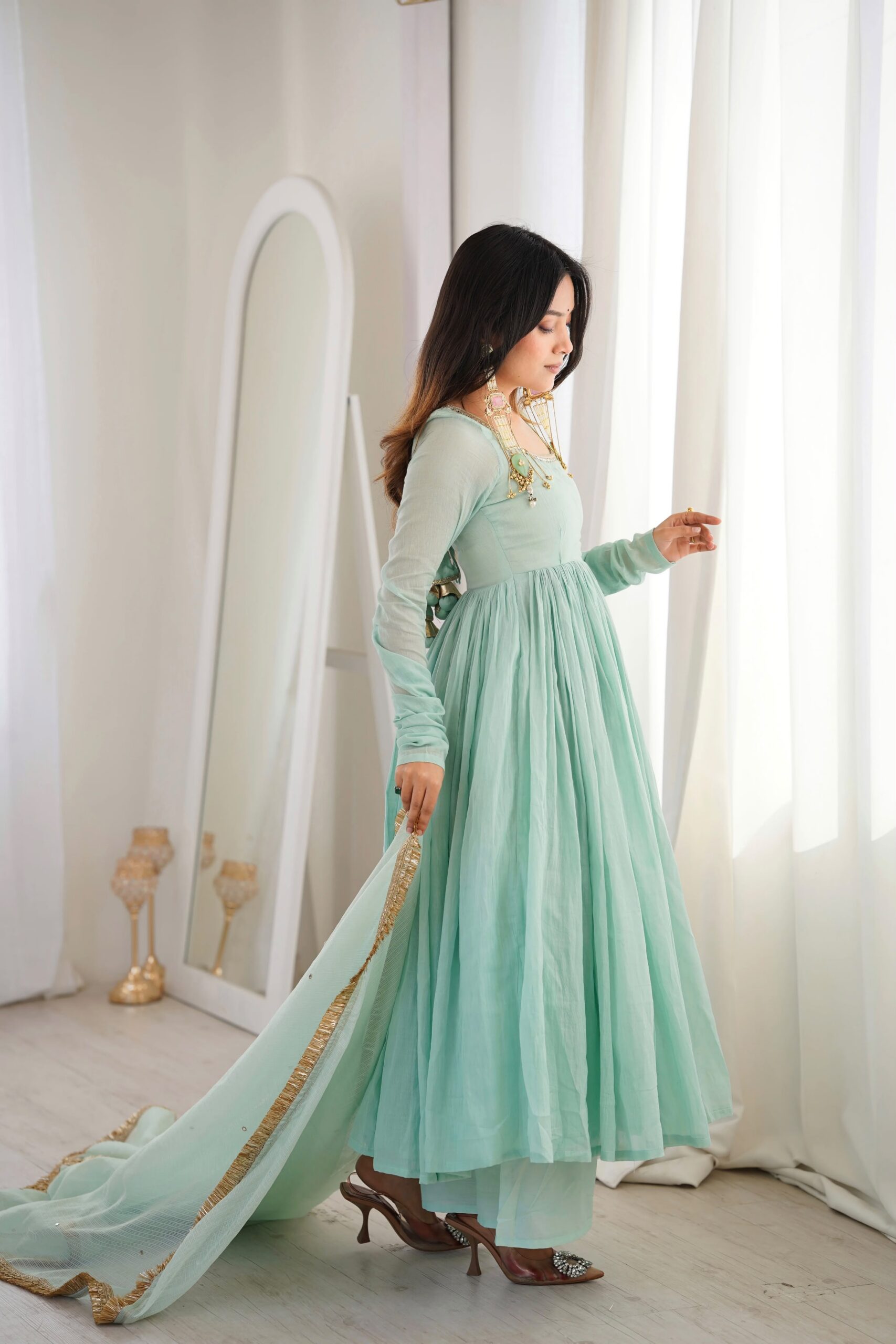 ZF 5020 Sea Green Sea Green Heavy Faux Gown with Lace Border & Lace Work. Festive Deal ₹2099. Delivery 4-6 Working Days. Shop now. | Gowns, Bollywood Gowns, Creative Gowns, Designer Gowns, Embroidered Gowns, Party Wear Gowns
