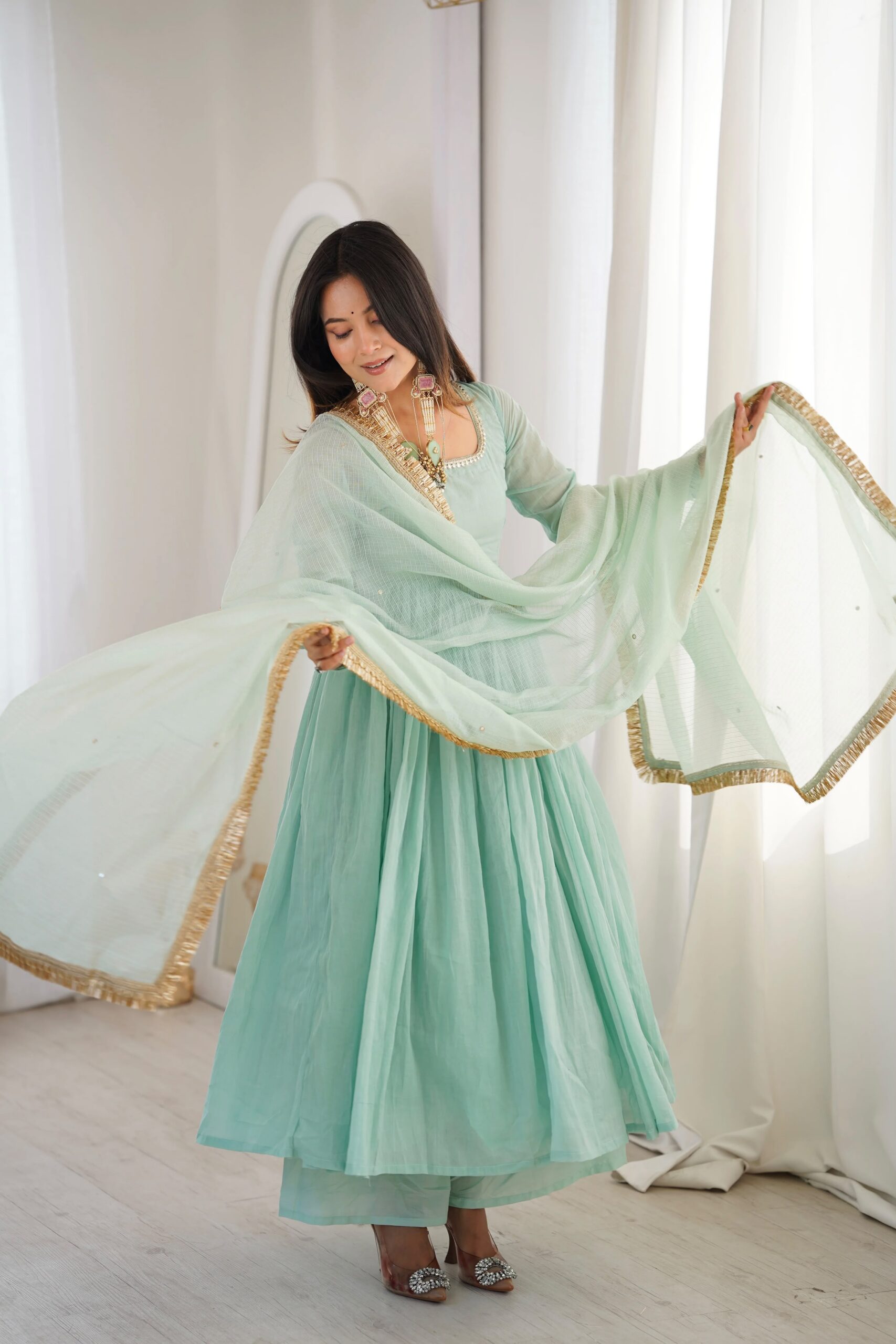 ZF 5020 Sea Green Sea Green Heavy Faux Gown with Lace Border & Lace Work. Festive Deal ₹2099. Delivery 4-6 Working Days. Shop now. | Gowns, Bollywood Gowns, Creative Gowns, Designer Gowns, Embroidered Gowns, Party Wear Gowns