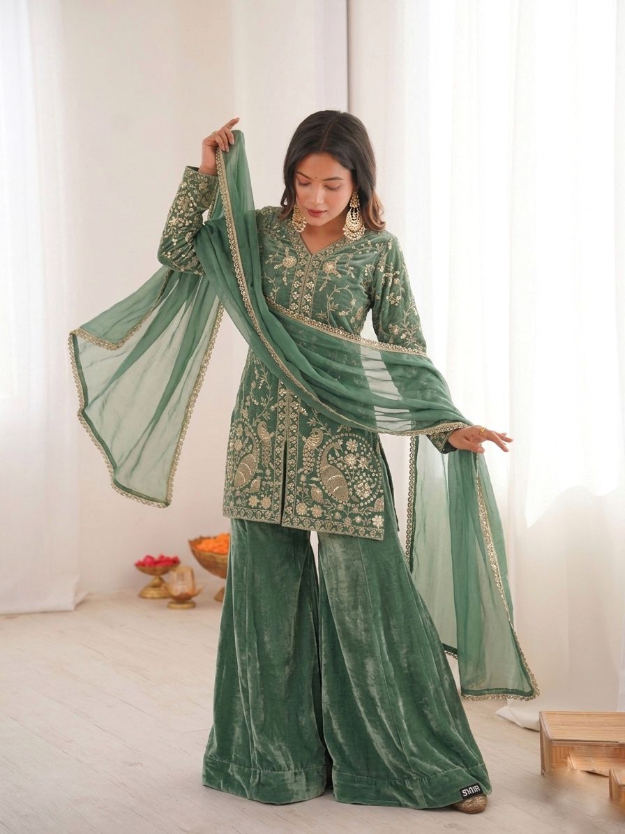 JF 043 Sea Green Pure Fendy Silk Salwar Suitwith Embroidery Work & Sequins Work. Exclusive Offer ₹1940. Delivery 4-6 Working Days. Shop now. | Jump Suits, Salwar suit, Casual Suits, Creative suits, Designer Suits, Palazzo Suits, Party Wear Suits, Patiala Suits, Straight Suits