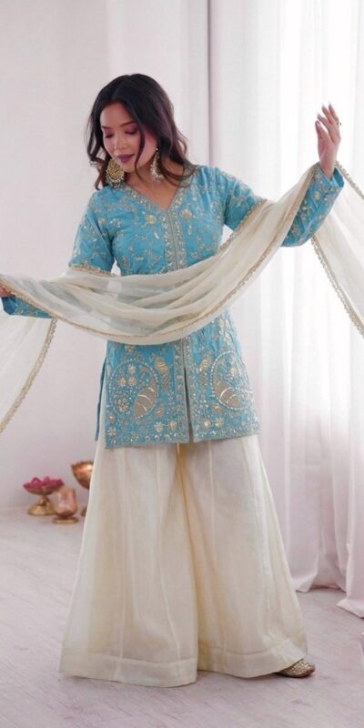 JF 043 Sky Blue Pure Fendy Silk Salwar Suitwith Embroidery Work & Sequins Work. Exclusive Offer ₹1940. Delivery 4-6 Working Days. Shop now. | Jump Suits, Salwar suit, Casual Suits, Creative suits, Designer Suits, Palazzo Suits, Party Wear Suits, Patiala Suits, Straight Suits