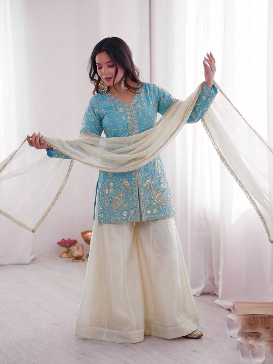 JF 043 Sky Blue Pure Fendy Silk Salwar Suitwith Embroidery Work & Sequins Work. Exclusive Offer ₹1940. Delivery 4-6 Working Days. Shop now. | Jump Suits, Salwar suit, Casual Suits, Creative suits, Designer Suits, Palazzo Suits, Party Wear Suits, Patiala Suits, Straight Suits
