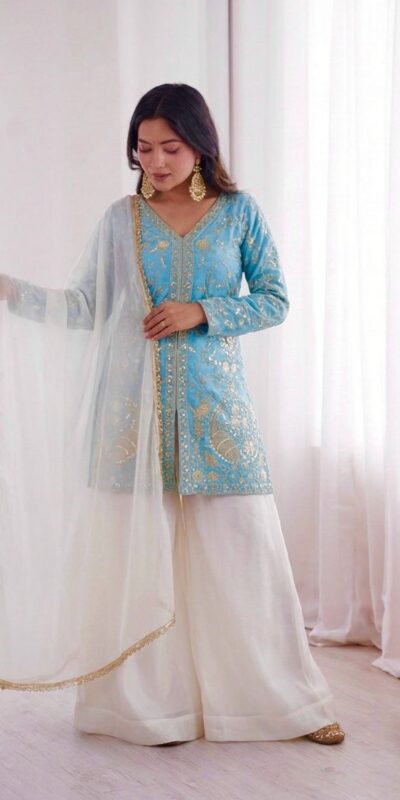 JF 043 Sky Blue Pure Fendy Silk Salwar Suitwith Embroidery Work & Sequins Work. Exclusive Offer ₹1940. Delivery 4-6 Working Days. Shop now. | Jump Suits, Salwar suit, Casual Suits, Creative suits, Designer Suits, Palazzo Suits, Party Wear Suits, Patiala Suits, Straight Suits