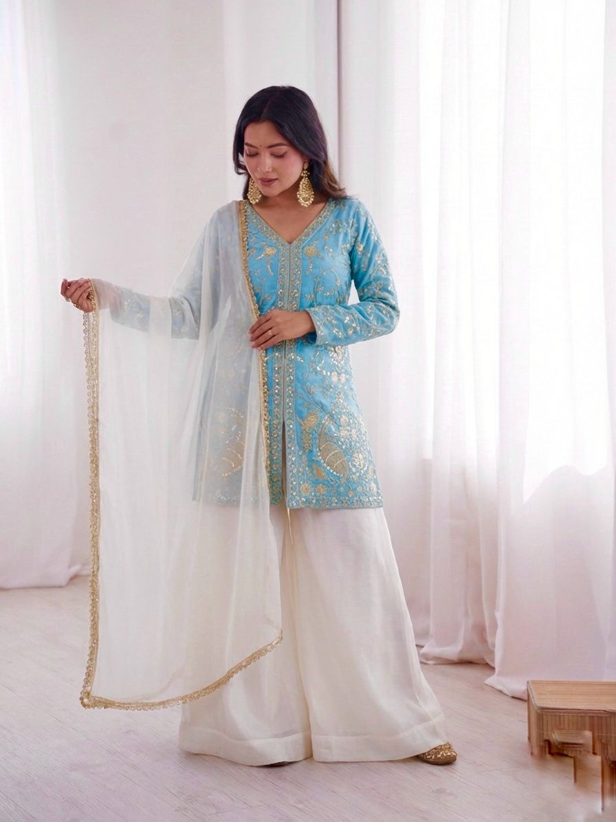 JF 043 Sky Blue Pure Fendy Silk Salwar Suitwith Embroidery Work & Sequins Work. Exclusive Offer ₹1940. Delivery 4-6 Working Days. Shop now. | Jump Suits, Salwar suit, Casual Suits, Creative suits, Designer Suits, Palazzo Suits, Party Wear Suits, Patiala Suits, Straight Suits