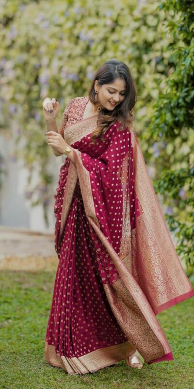 KPR 228 Red in Soft Lichi Silk Jacquard Work Designer Work Saree . Exclusive Offer ₹1349. Delivery 4-6 Working Days. Shop now. | Sarees, Bollywood Sarees, Creative Sarees, Designer Sarees, Embroidered Sarees, Ethnic Saree, Modern Digital sarees, Party Wear Sarees