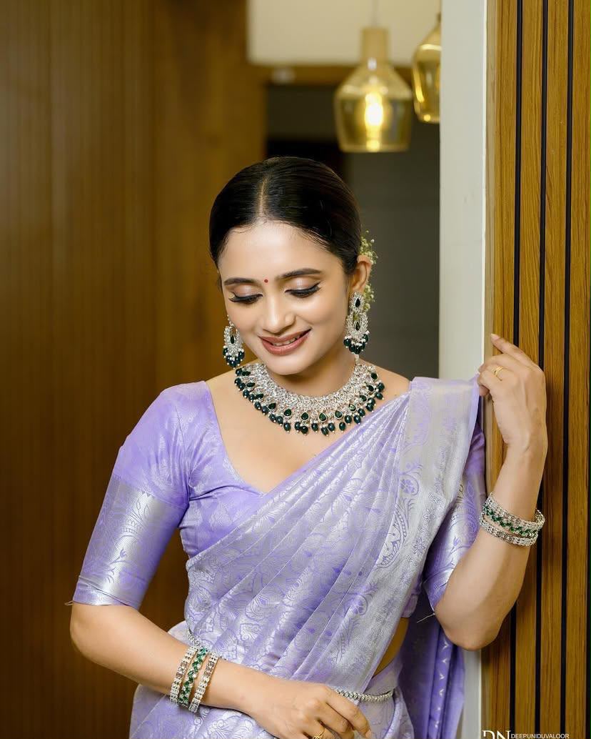 KPR 259 Lavender Soft Lichi Silk Saree with Lace Work & Lace Border. Introductory Price ₹1349. Delivery 4-6 Working Days. Shop now. | Sarees, Bollywood Sarees, Creative Sarees, Designer Sarees, Embroidered Sarees, Ethnic Saree, Modern Digital sarees, Party Wear Sarees