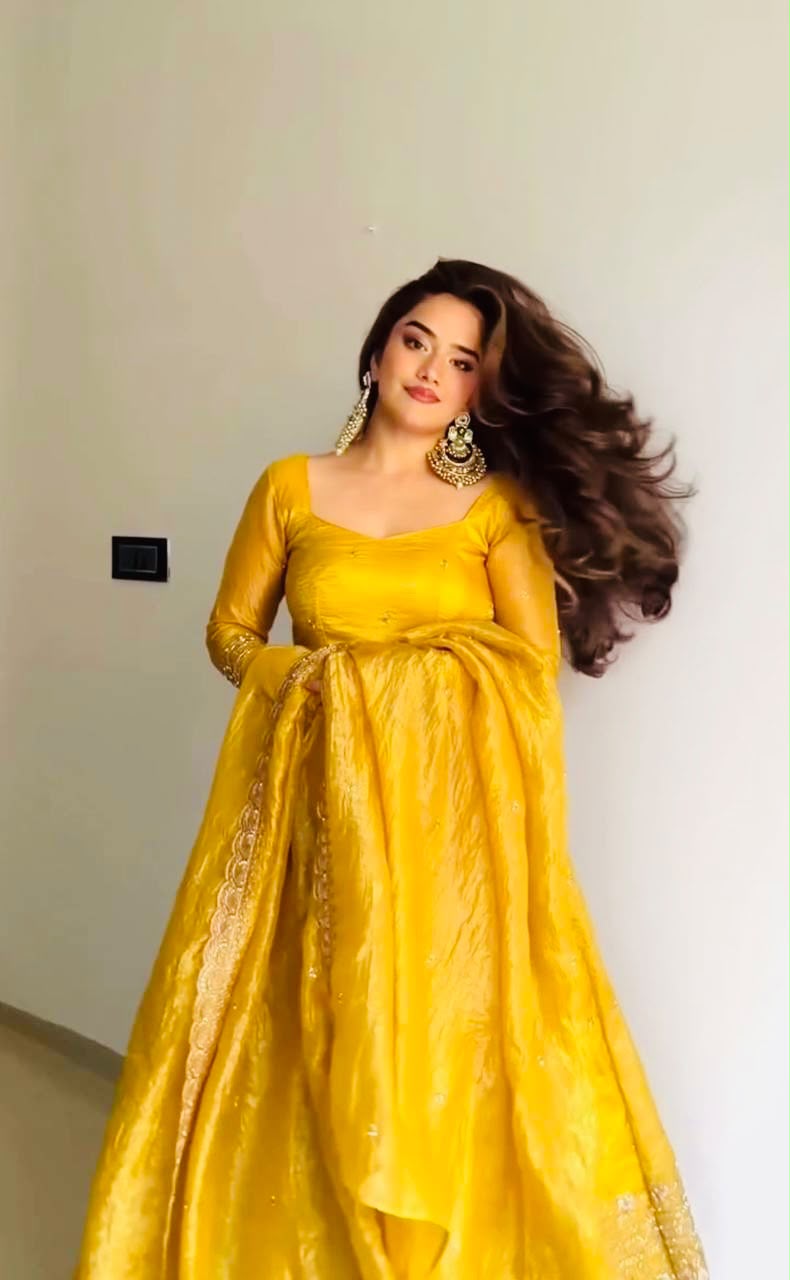 ZF 6012 Yellow in Gold Crush Zari Work & Embroidery Work Gown . Affordable Price ₹2149. Delivery 4-6 Working Days. Shop now. | Gowns, Bollywood Gowns, Creative Gowns, Designer Gowns, Embroidered Gowns, Party Wear Gowns