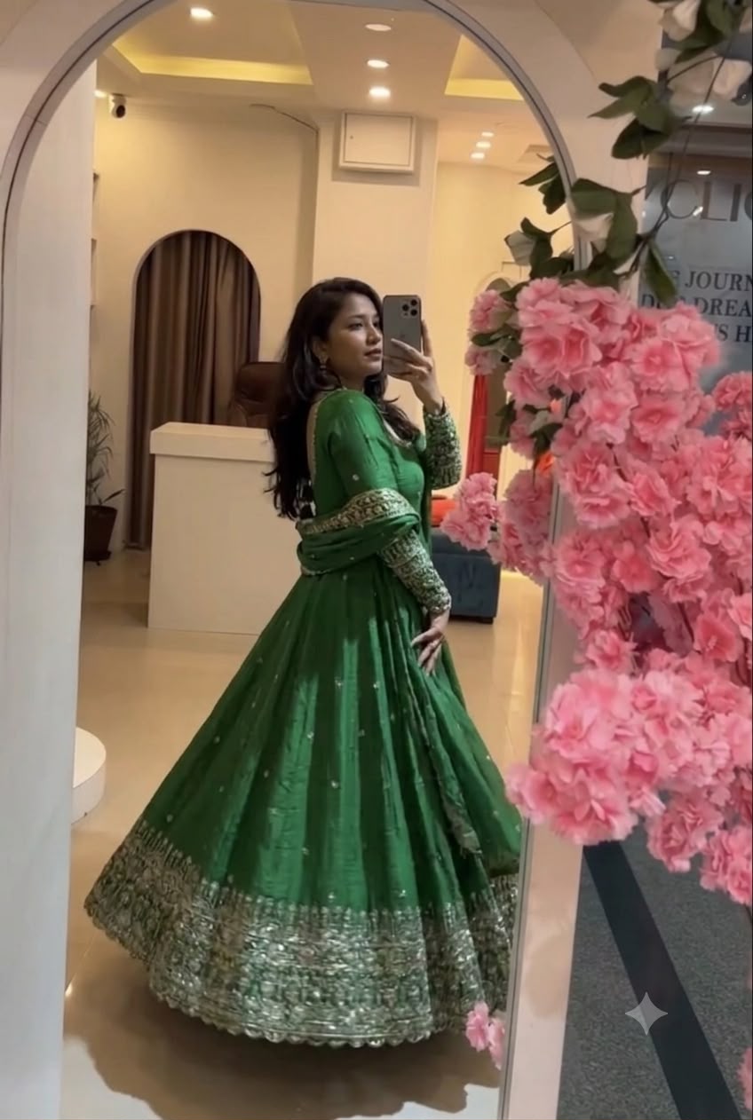 SSR 544 Green in Crunchy Silk Embroidery Work & Lace Work Gown . Special Price ₹2399. Delivery 4-6 Working Days. Shop now. | Gowns, Bollywood Gowns, Creative Gowns, Designer Gowns, Embroidered Gowns, Party Wear Gowns