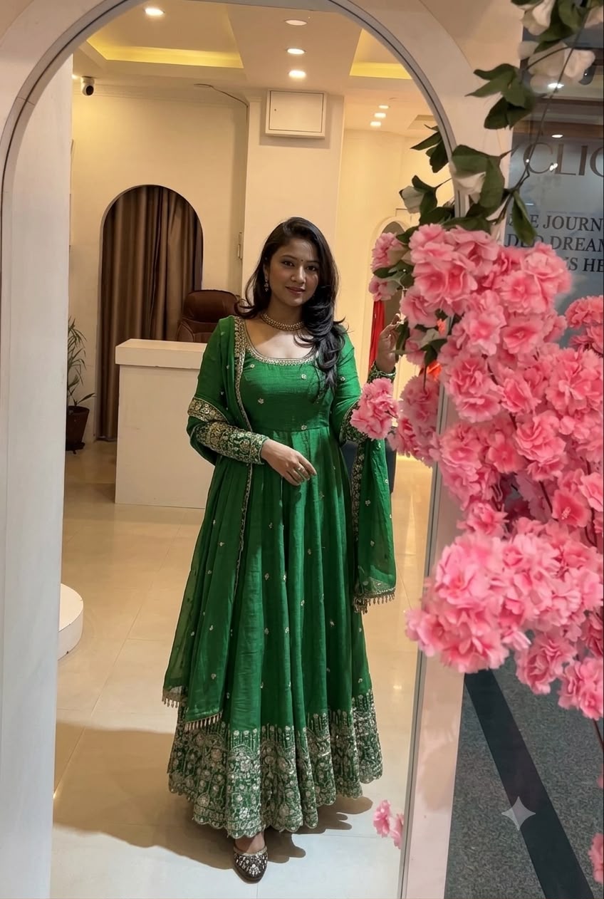 SSR 544 Green in Crunchy Silk Embroidery Work & Lace Work Gown . Special Price ₹2399. Delivery 4-6 Working Days. Shop now. | Gowns, Bollywood Gowns, Creative Gowns, Designer Gowns, Embroidered Gowns, Party Wear Gowns