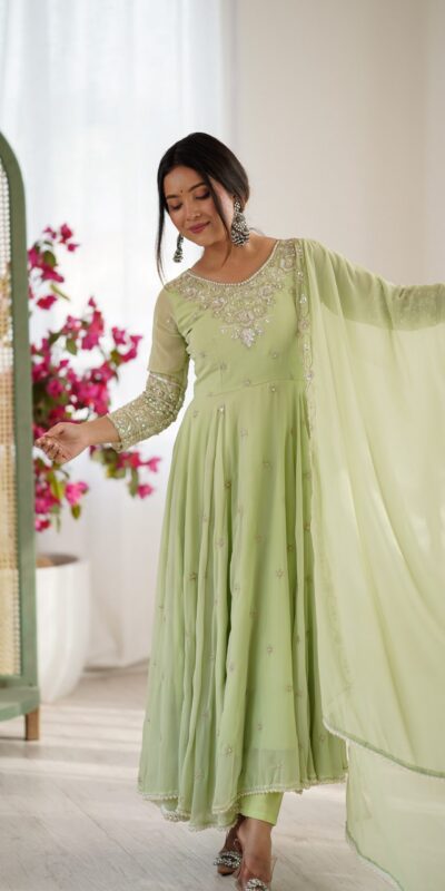 ZF 5012 Pista Blooming Faux Gown with Embroidery Work. Wedding, Party, Festive, Events Grab it for ₹2149. Delivery 4-6 Working Days. Shop now. | Anarkali Suits, Bollywood Anarkali, Creative-Anarkali, Designer Anarkali, Embroidered Anarkali, Party Wear Anarkali
