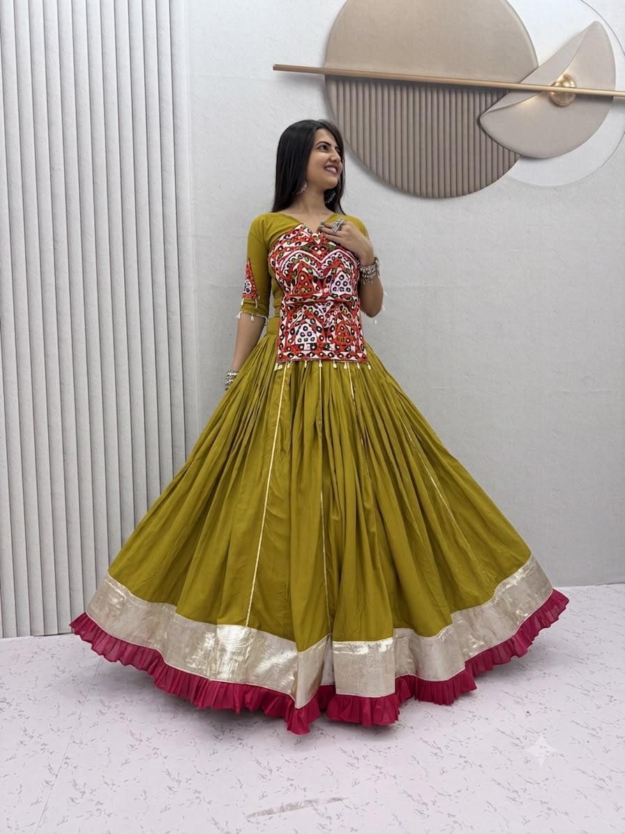 PC 595 Mustered in Pure Cotton Mirror Work & Gamthi Work Lehenga Choli . Exclusive Offer ₹3099. Delivery 4-6 Working Days. Shop now. | Lehenga, Bollywood Lehenga, Creative Lehenga, Designer Lehenga, Embroidered Lehenga, Party Wear Lehenga