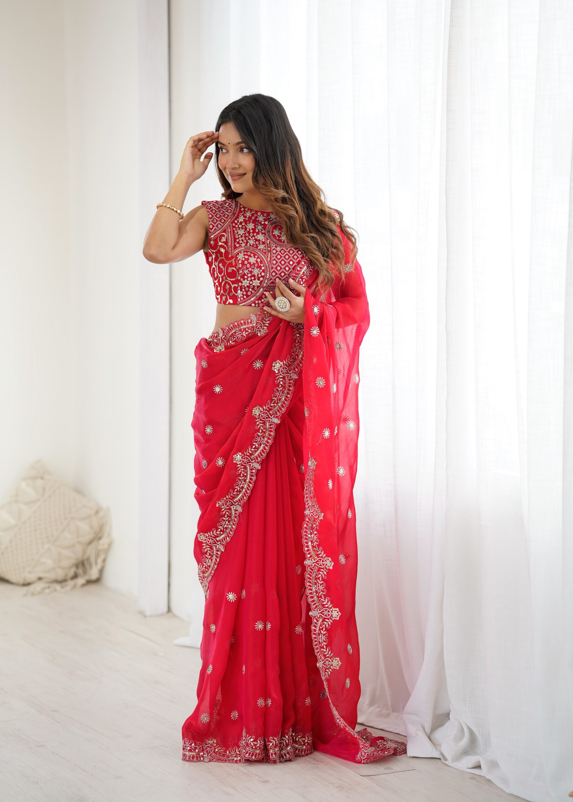 SP 88 Red Red Fendy Chiffon Saree with Embroidery Work & Sequins Work. Special Price ₹2149. Delivery 4-6 Working Days. Shop now. | Sarees, Bollywood Sarees, Creative Sarees, Designer Sarees, Embroidered Sarees, Ethnic Saree, Modern Digital sarees, Party Wear Sarees