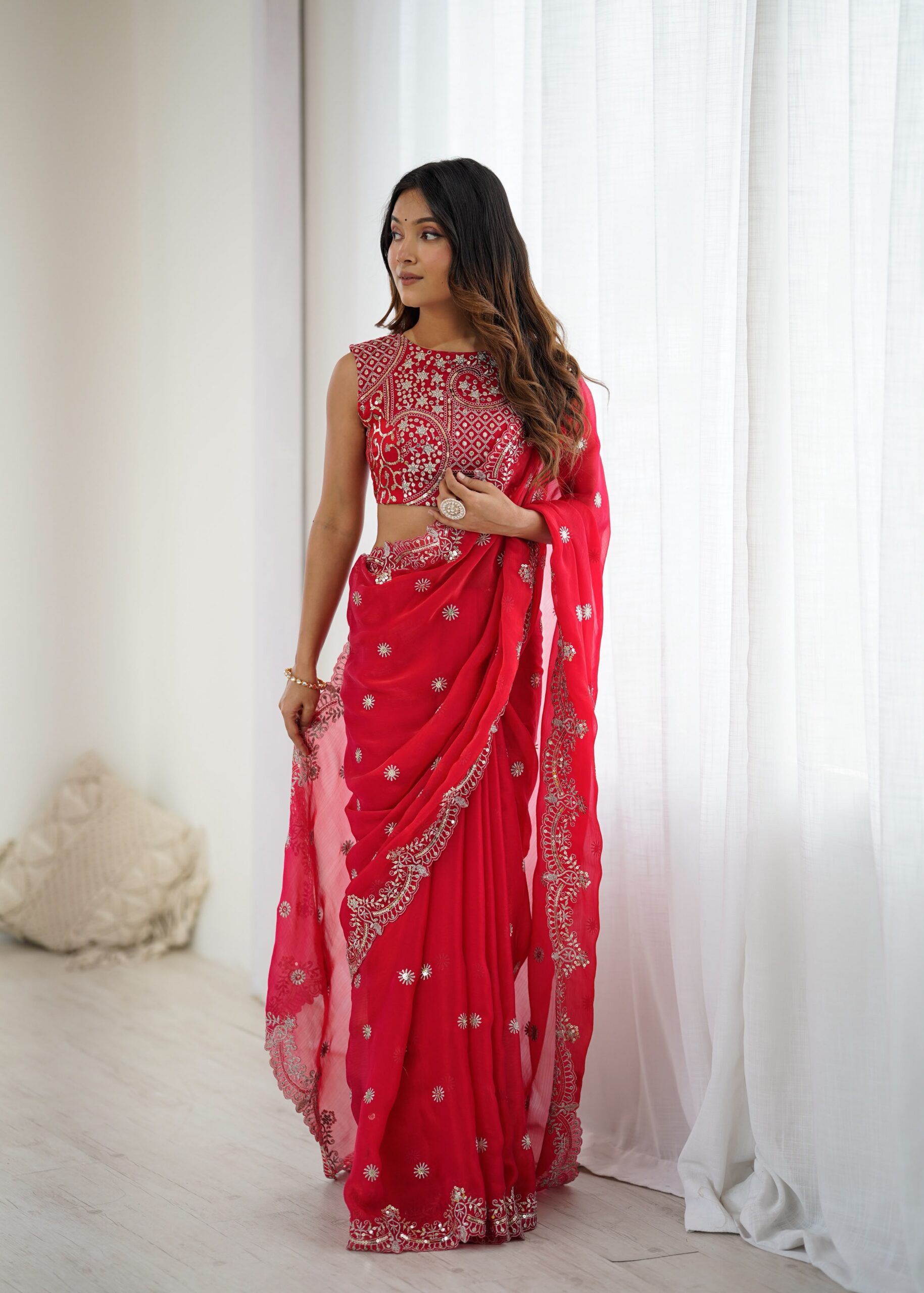 SP 88 Red Red Fendy Chiffon Saree with Embroidery Work & Sequins Work. Special Price ₹2149. Delivery 4-6 Working Days. Shop now. | Sarees, Bollywood Sarees, Creative Sarees, Designer Sarees, Embroidered Sarees, Ethnic Saree, Modern Digital sarees, Party Wear Sarees