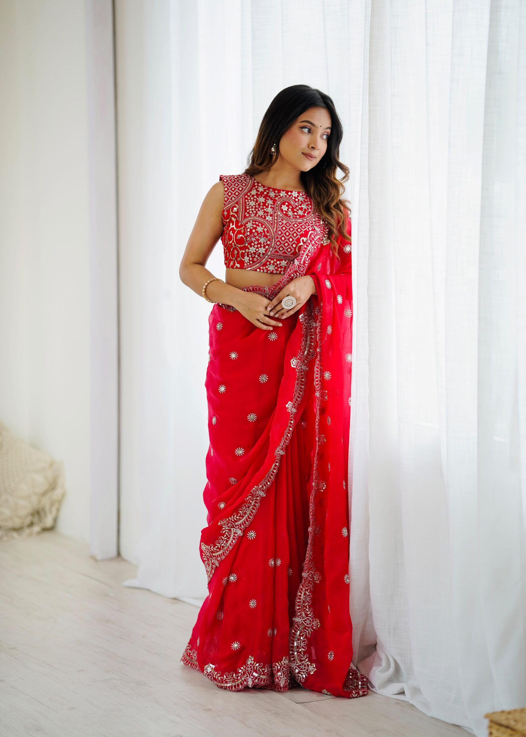 SP 88 Red Red Fendy Chiffon Saree with Embroidery Work & Sequins Work. Special Price ₹2149. Delivery 4-6 Working Days. Shop now. | Sarees, Bollywood Sarees, Creative Sarees, Designer Sarees, Embroidered Sarees, Ethnic Saree, Modern Digital sarees, Party Wear Sarees