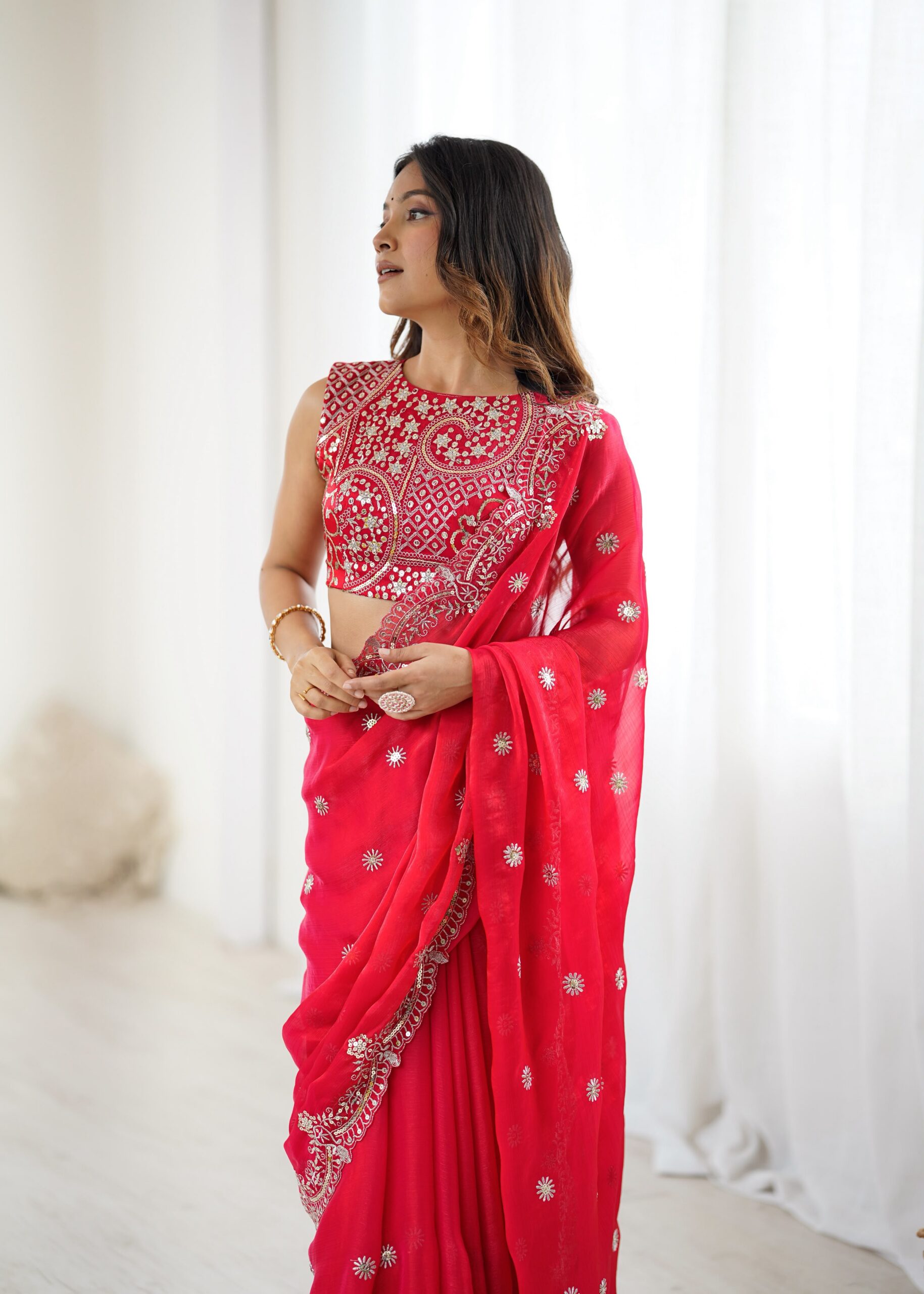 SP 88 Red Red Fendy Chiffon Saree with Embroidery Work & Sequins Work. Special Price ₹2149. Delivery 4-6 Working Days. Shop now. | Sarees, Bollywood Sarees, Creative Sarees, Designer Sarees, Embroidered Sarees, Ethnic Saree, Modern Digital sarees, Party Wear Sarees