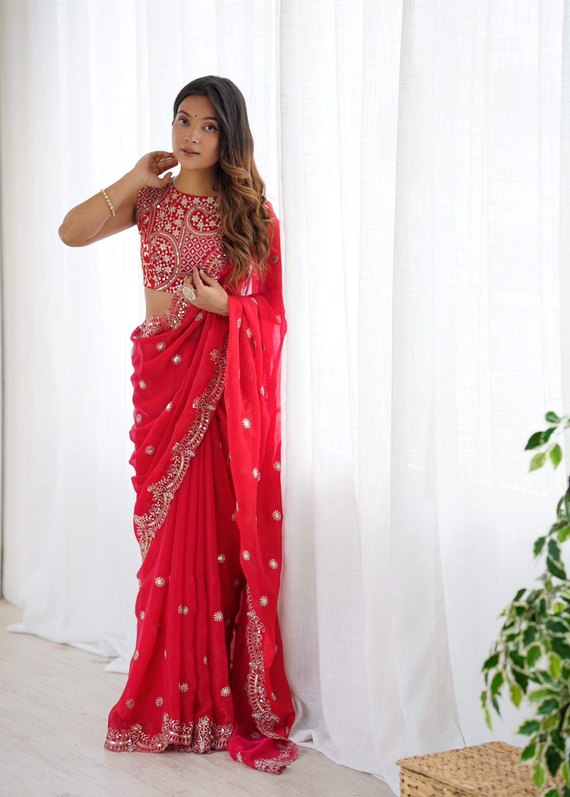 SP 88 Red Red Fendy Chiffon Saree with Embroidery Work & Sequins Work. Special Price ₹2149. Delivery 4-6 Working Days. Shop now. | Sarees, Bollywood Sarees, Creative Sarees, Designer Sarees, Embroidered Sarees, Ethnic Saree, Modern Digital sarees, Party Wear Sarees