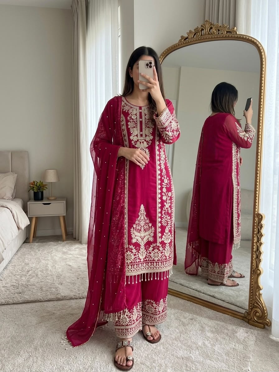 SRK 5365 Red Faux Georgette Salwar Suit erfect for Wedding, Party, Mehendi, Pongal, Reception – . Available at ₹2449 only. Delivery 4-6 Working Days | Jump Suits, Salwar suit, Casual Suits, Creative suits, Designer Suits, Palazzo Suits, Party Wear Suits, Patiala Suits, Straight Suits