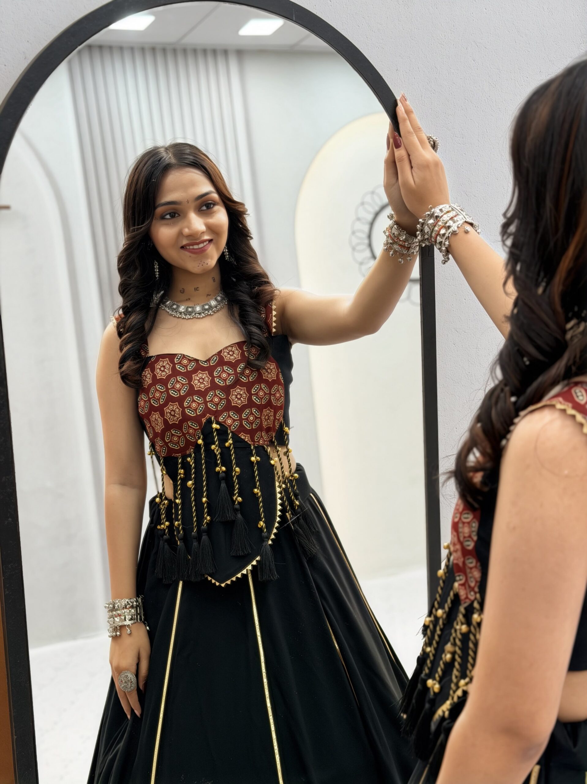 Ram 192 Black in Pure Cotton Mirror Work & Gamthi Work Lehenga Choli . Exclusive Offer ₹2849. Delivery 4-6 Working Days. Shop now. | Lehenga, Bollywood Lehenga, Creative Lehenga, Designer Lehenga, Embroidered Lehenga, Party Wear Lehenga