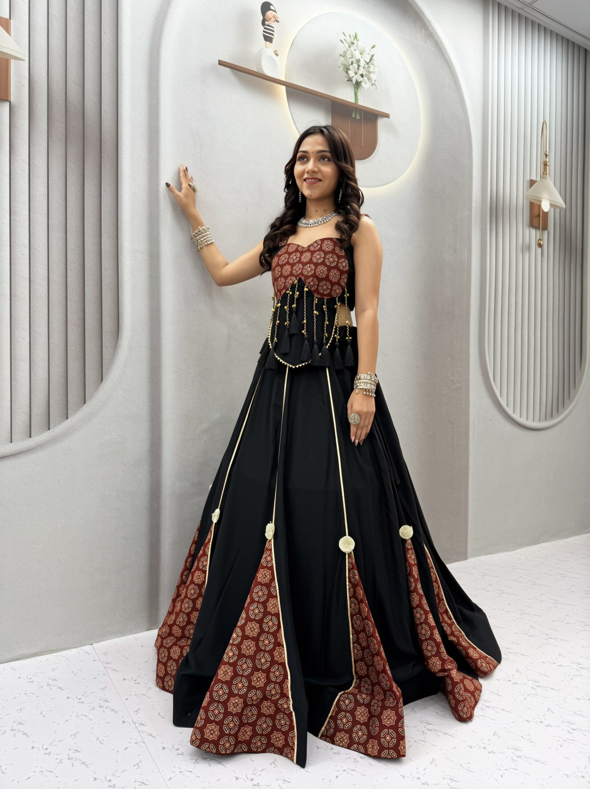 Ram 192 Black in Pure Cotton Mirror Work & Gamthi Work Lehenga Choli . Exclusive Offer ₹2849. Delivery 4-6 Working Days. Shop now. | Lehenga, Bollywood Lehenga, Creative Lehenga, Designer Lehenga, Embroidered Lehenga, Party Wear Lehenga