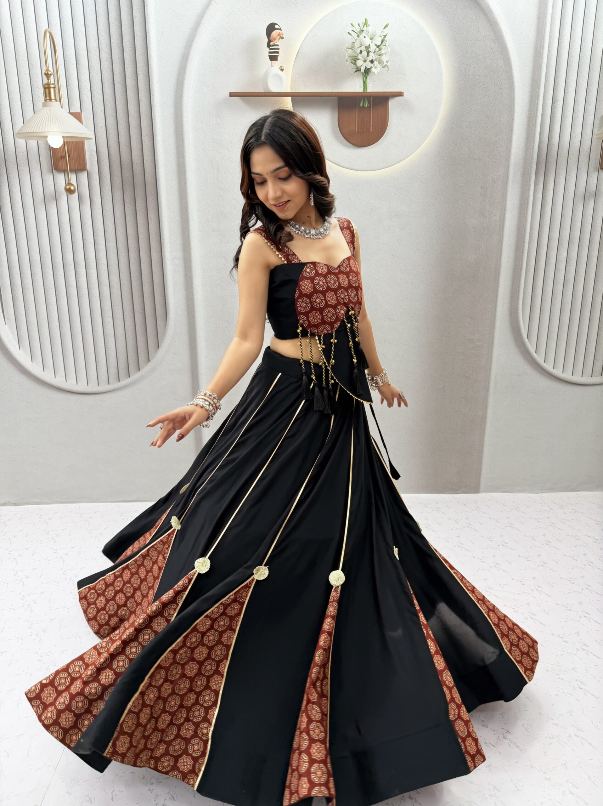 Ram 192 Black in Pure Cotton Mirror Work & Gamthi Work Lehenga Choli . Exclusive Offer ₹2849. Delivery 4-6 Working Days. Shop now. | Lehenga, Bollywood Lehenga, Creative Lehenga, Designer Lehenga, Embroidered Lehenga, Party Wear Lehenga