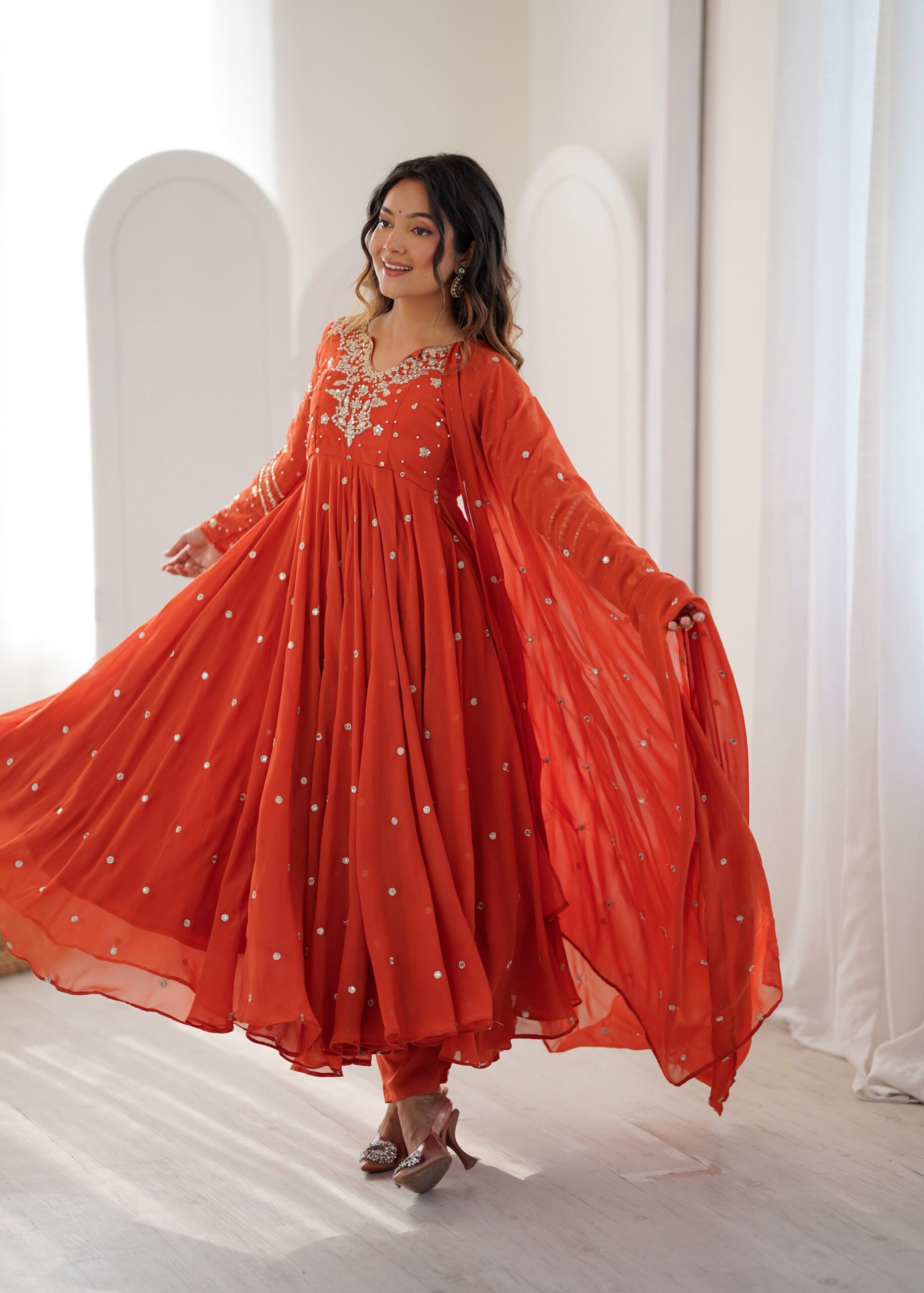 JF 056 Orange Faux Georgette Salwar Suit with Mirror Work & Embroidery Work. Get it for ₹2349. Delivery 4-6 Working Days. Shop now. | Jump Suits, Salwar suit, Casual Suits, Creative suits, Designer Suits, Palazzo Suits, Party Wear Suits, Patiala Suits, Straight Suits