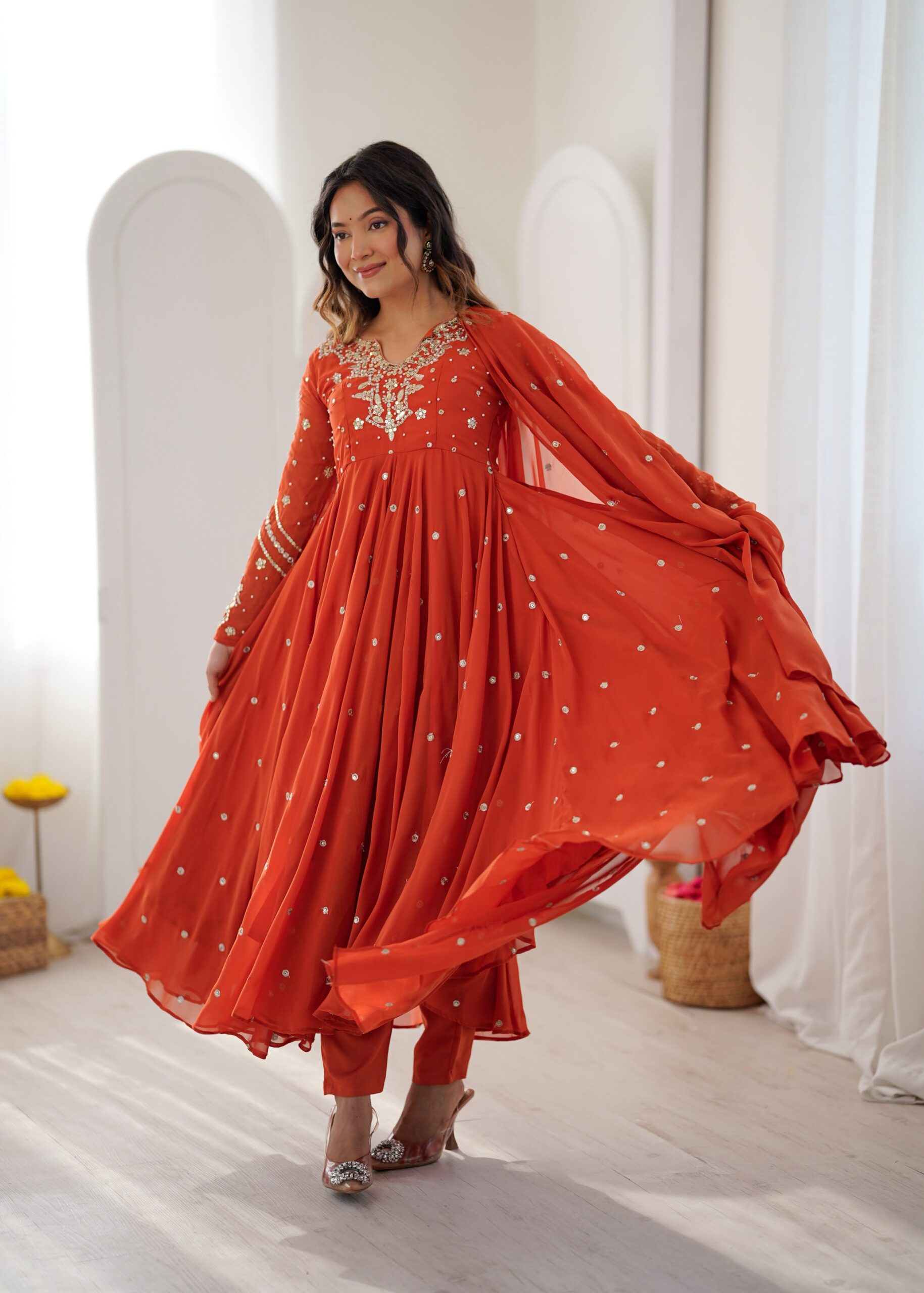 JF 056 Orange Faux Georgette Salwar Suit with Mirror Work & Embroidery Work. Get it for ₹2349. Delivery 4-6 Working Days. Shop now. | Jump Suits, Salwar suit, Casual Suits, Creative suits, Designer Suits, Palazzo Suits, Party Wear Suits, Patiala Suits, Straight Suits