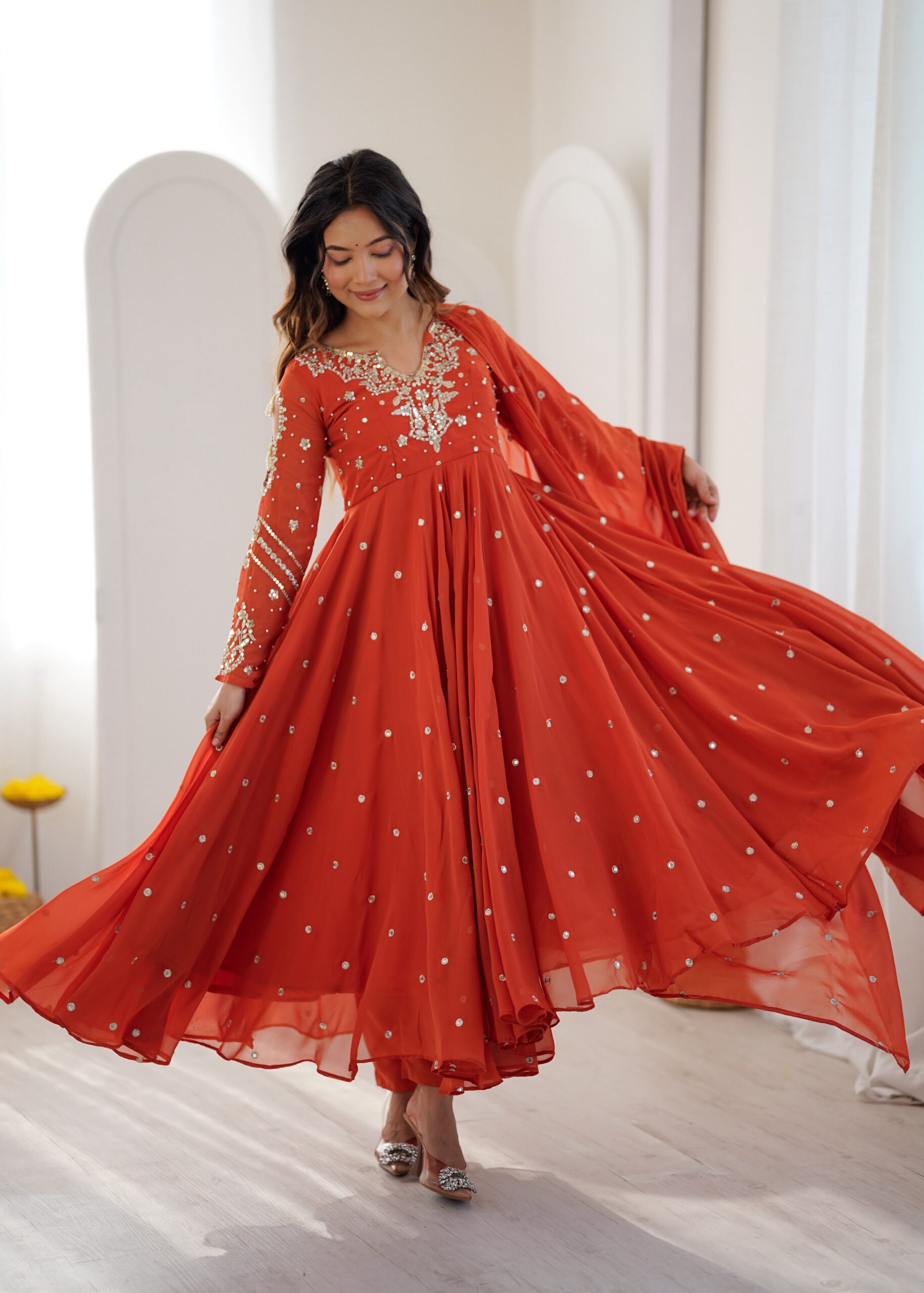 JF 056 Orange Faux Georgette Salwar Suit with Mirror Work & Embroidery Work. Get it for ₹2349. Delivery 4-6 Working Days. Shop now. | Jump Suits, Salwar suit, Casual Suits, Creative suits, Designer Suits, Palazzo Suits, Party Wear Suits, Patiala Suits, Straight Suits