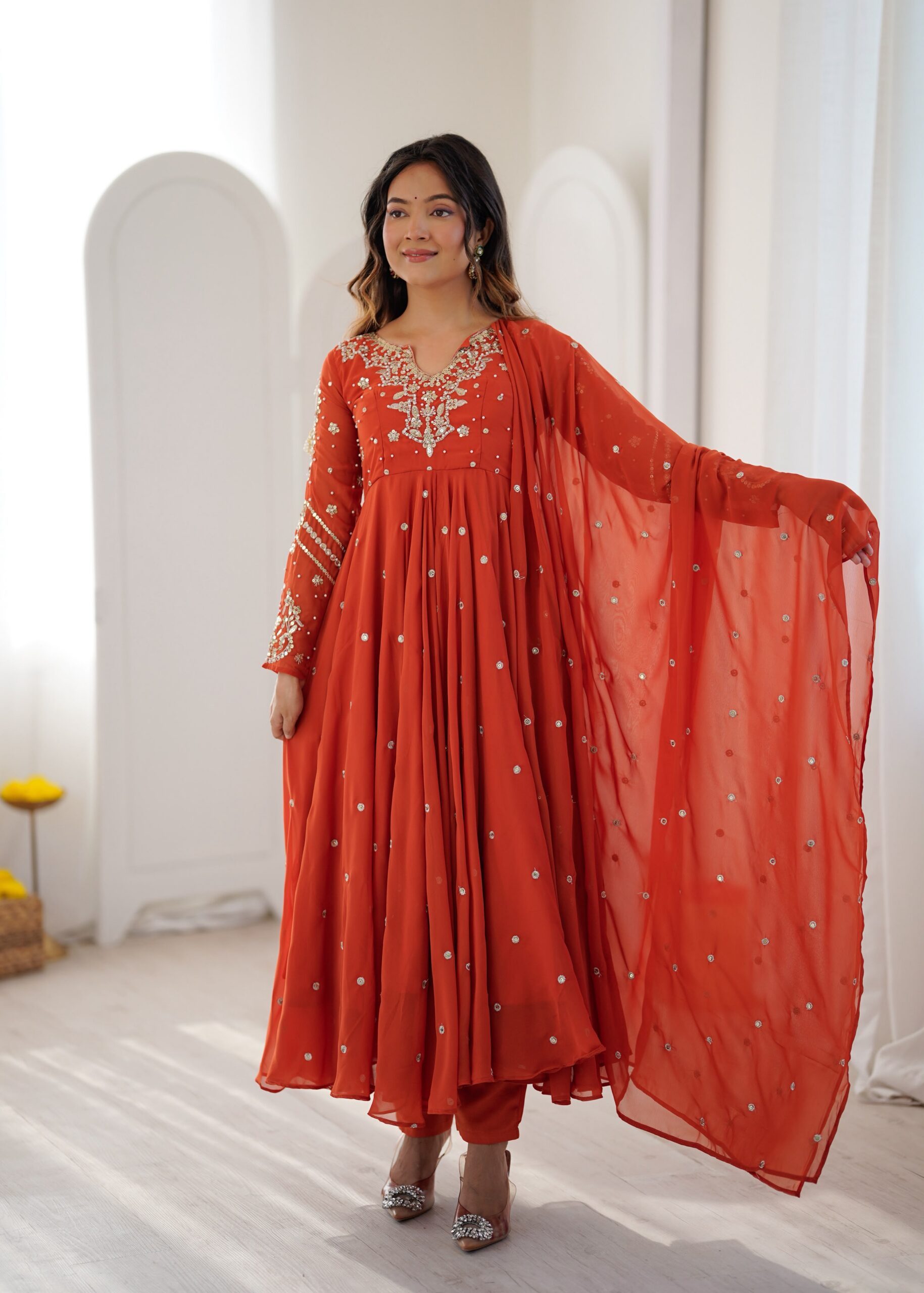 JF 056 Orange Faux Georgette Salwar Suit with Mirror Work & Embroidery Work. Get it for ₹2349. Delivery 4-6 Working Days. Shop now. | Jump Suits, Salwar suit, Casual Suits, Creative suits, Designer Suits, Palazzo Suits, Party Wear Suits, Patiala Suits, Straight Suits