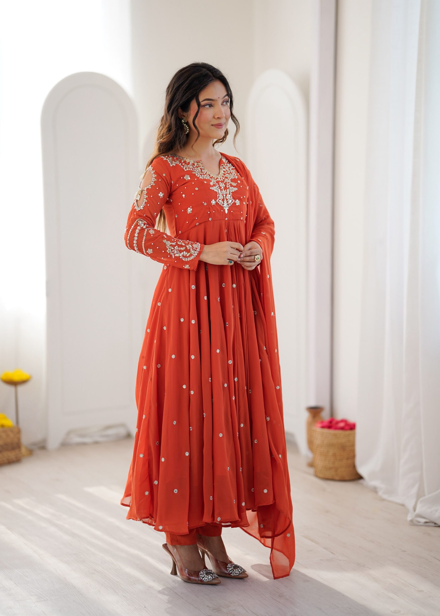 JF 056 Orange Faux Georgette Salwar Suit with Mirror Work & Embroidery Work. Get it for ₹2349. Delivery 4-6 Working Days. Shop now. | Jump Suits, Salwar suit, Casual Suits, Creative suits, Designer Suits, Palazzo Suits, Party Wear Suits, Patiala Suits, Straight Suits