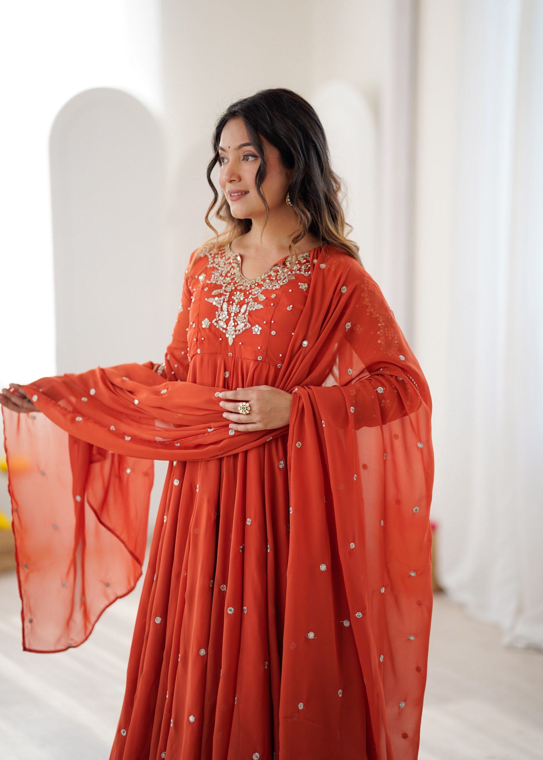 JF 056 Orange Faux Georgette Salwar Suit with Mirror Work & Embroidery Work. Get it for ₹2349. Delivery 4-6 Working Days. Shop now. | Jump Suits, Salwar suit, Casual Suits, Creative suits, Designer Suits, Palazzo Suits, Party Wear Suits, Patiala Suits, Straight Suits