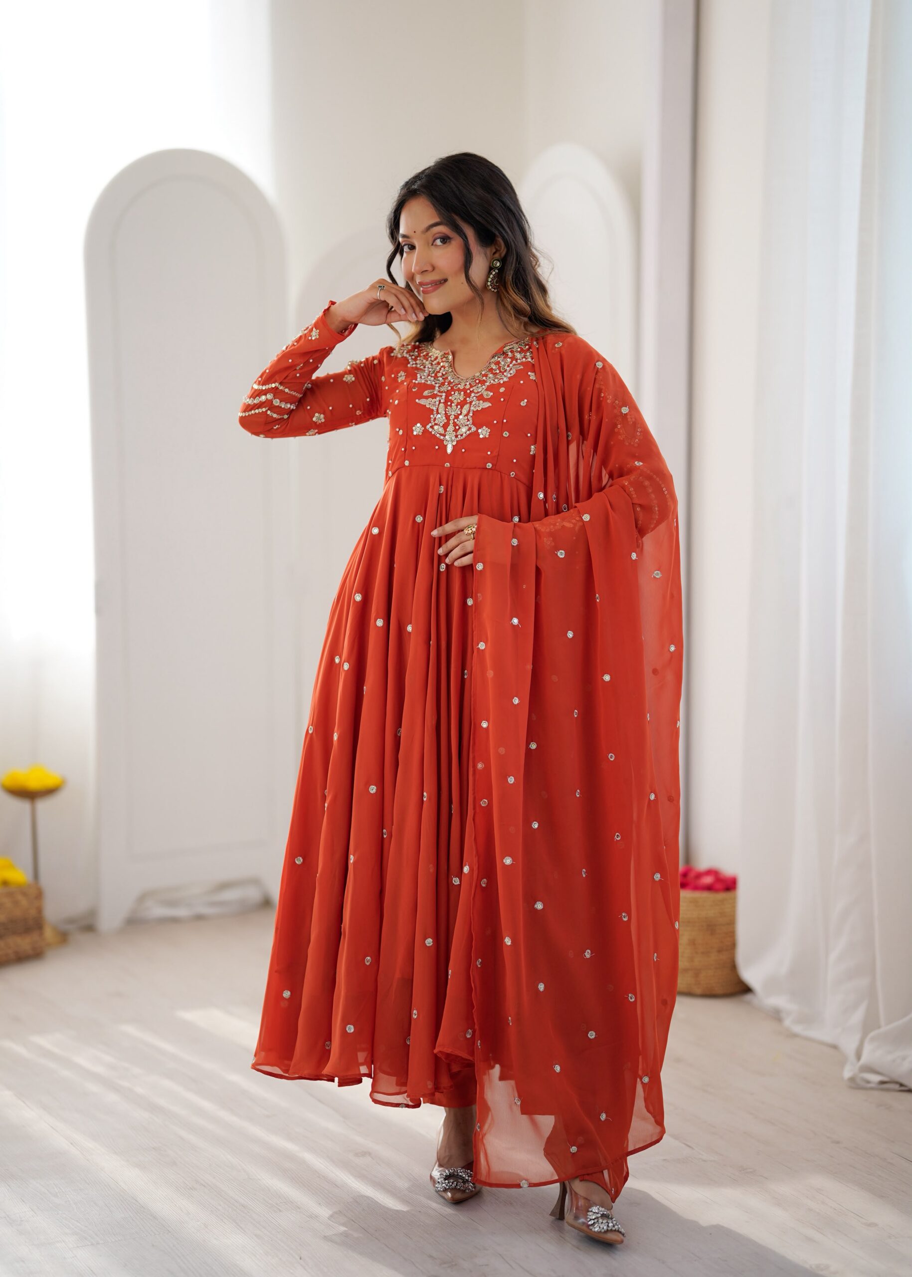 JF 056 Orange Faux Georgette Salwar Suit with Mirror Work & Embroidery Work. Get it for ₹2349. Delivery 4-6 Working Days. Shop now. | Jump Suits, Salwar suit, Casual Suits, Creative suits, Designer Suits, Palazzo Suits, Party Wear Suits, Patiala Suits, Straight Suits