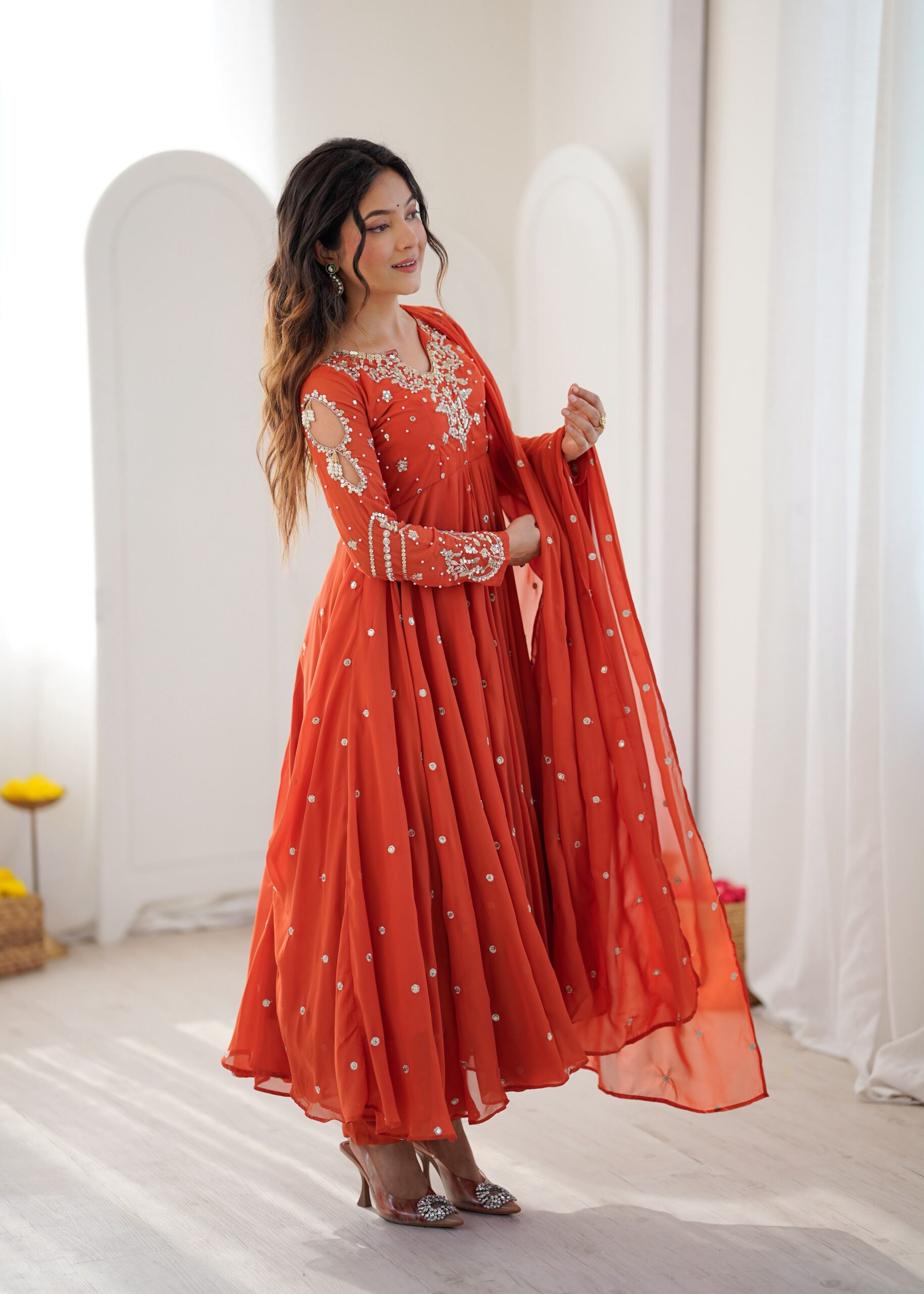 JF 056 Orange Faux Georgette Salwar Suit with Mirror Work & Embroidery Work. Get it for ₹2349. Delivery 4-6 Working Days. Shop now. | Jump Suits, Salwar suit, Casual Suits, Creative suits, Designer Suits, Palazzo Suits, Party Wear Suits, Patiala Suits, Straight Suits