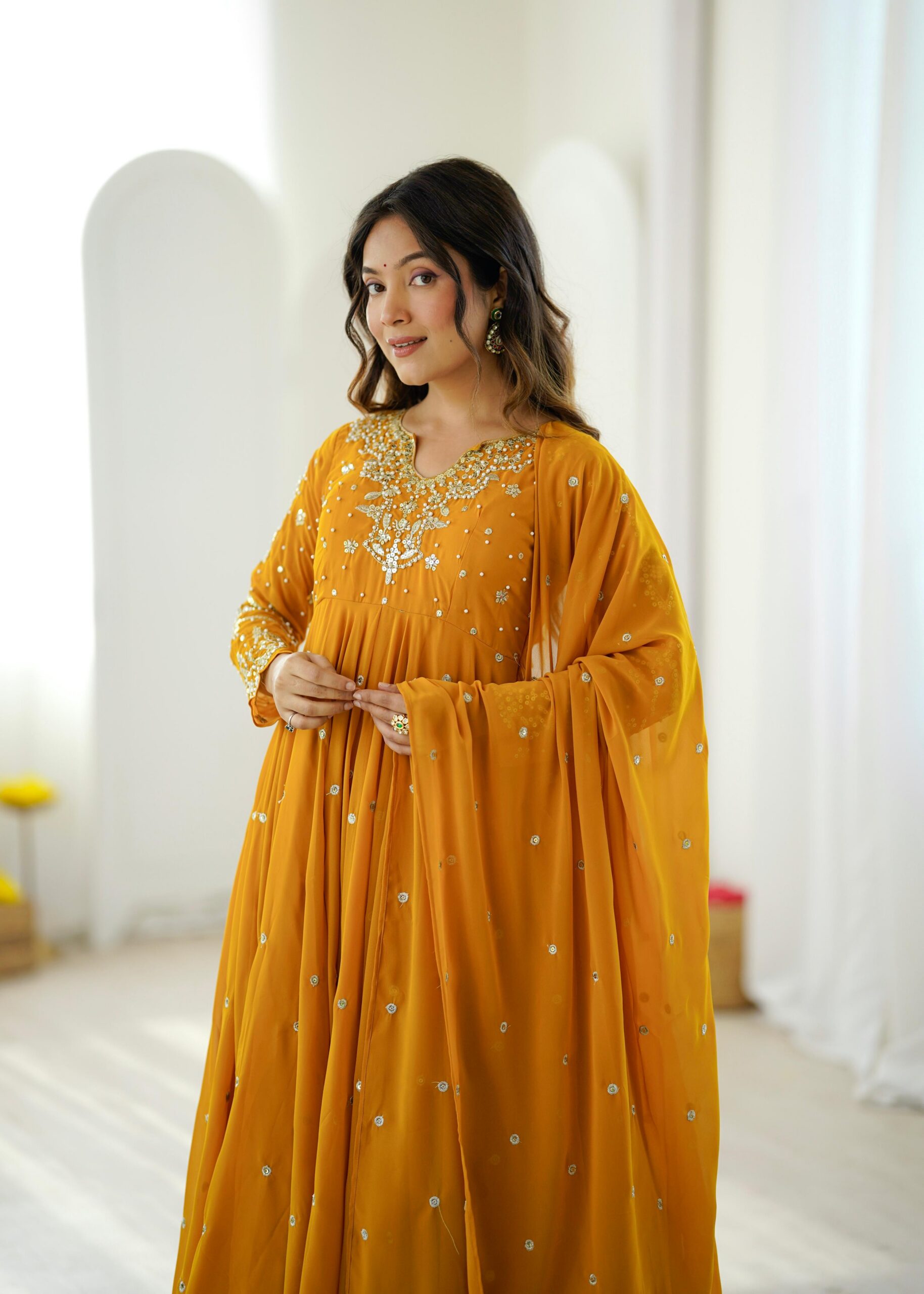 JF 056 Yellow Faux Georgette Salwar Suit with Mirror Work & Embroidery Work. Get it for ₹2349. Delivery 4-6 Working Days. Shop now. | Jump Suits, Salwar suit, Casual Suits, Creative suits, Designer Suits, Palazzo Suits, Party Wear Suits, Patiala Suits, Straight Suits