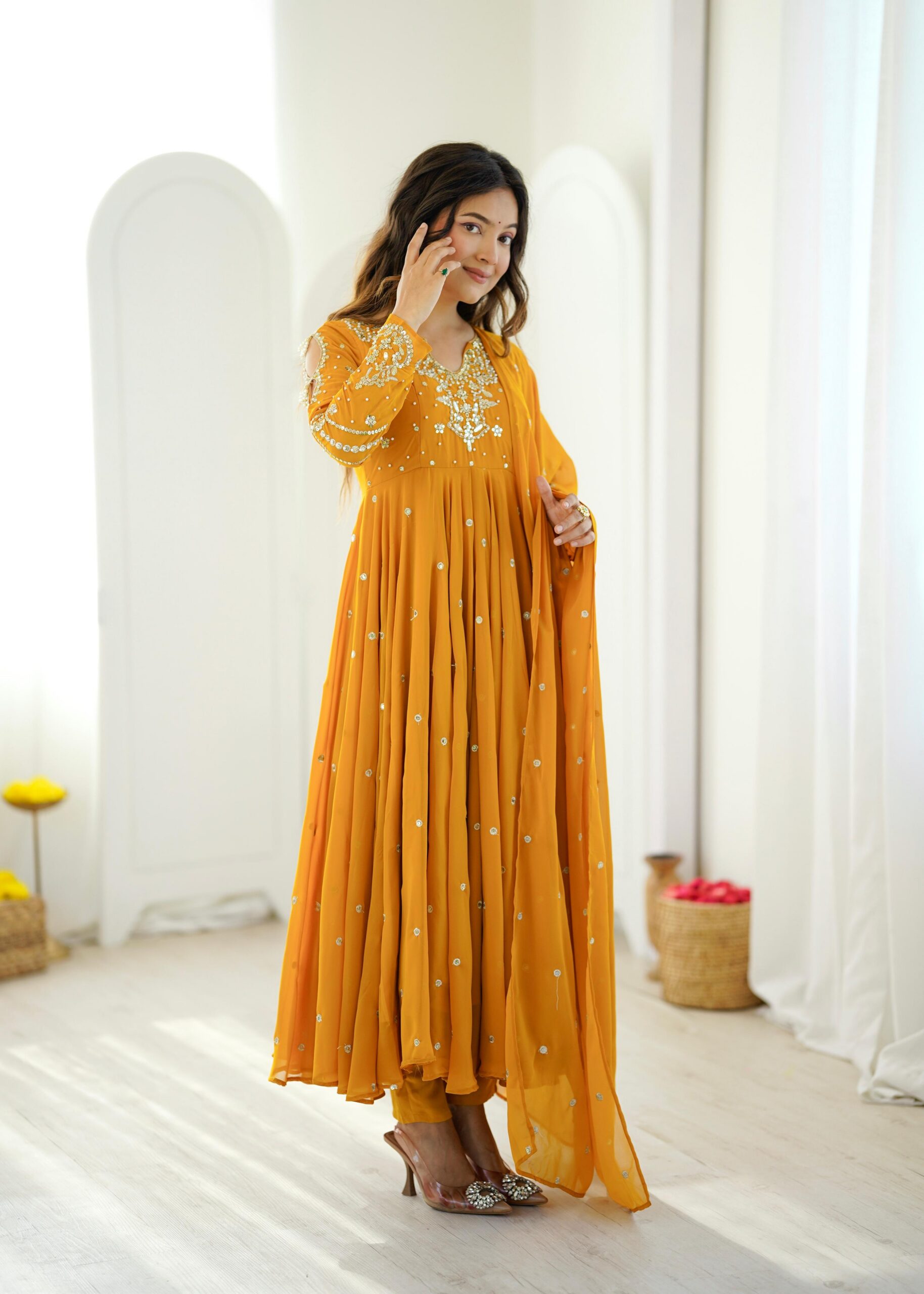 JF 056 Yellow Faux Georgette Salwar Suit with Mirror Work & Embroidery Work. Get it for ₹2349. Delivery 4-6 Working Days. Shop now. | Jump Suits, Salwar suit, Casual Suits, Creative suits, Designer Suits, Palazzo Suits, Party Wear Suits, Patiala Suits, Straight Suits