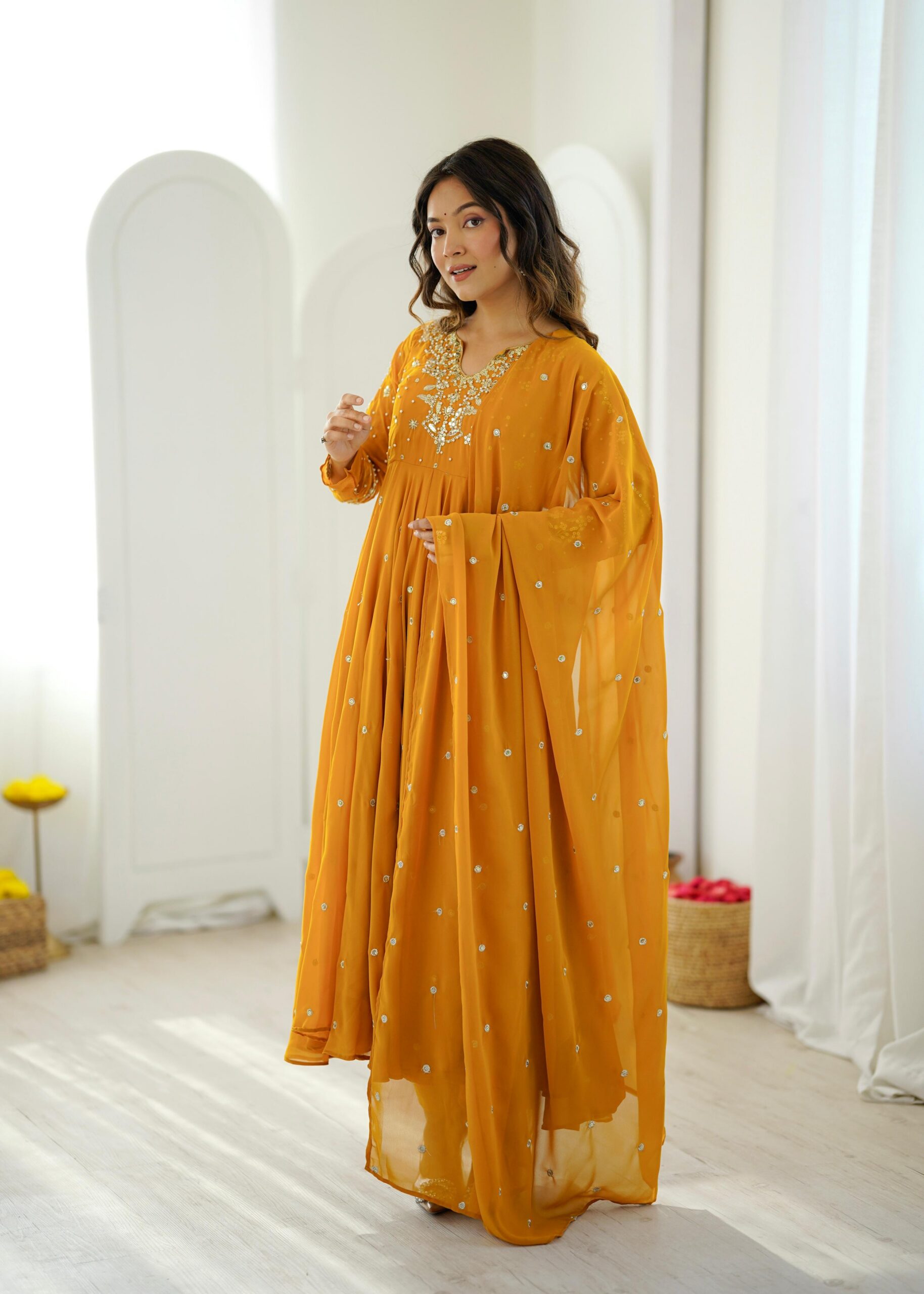 JF 056 Yellow Faux Georgette Salwar Suit with Mirror Work & Embroidery Work. Get it for ₹2349. Delivery 4-6 Working Days. Shop now. | Jump Suits, Salwar suit, Casual Suits, Creative suits, Designer Suits, Palazzo Suits, Party Wear Suits, Patiala Suits, Straight Suits