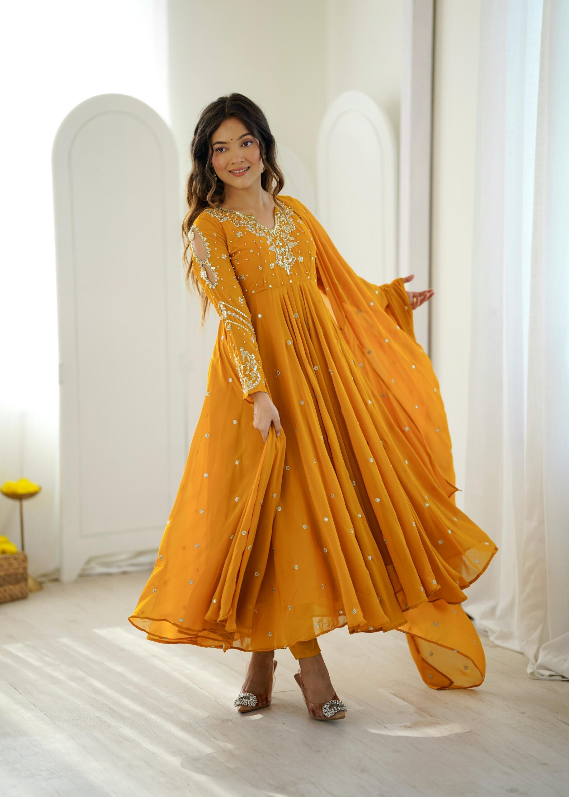 JF 056 Yellow Faux Georgette Salwar Suit with Mirror Work & Embroidery Work. Get it for ₹2349. Delivery 4-6 Working Days. Shop now. | Jump Suits, Salwar suit, Casual Suits, Creative suits, Designer Suits, Palazzo Suits, Party Wear Suits, Patiala Suits, Straight Suits