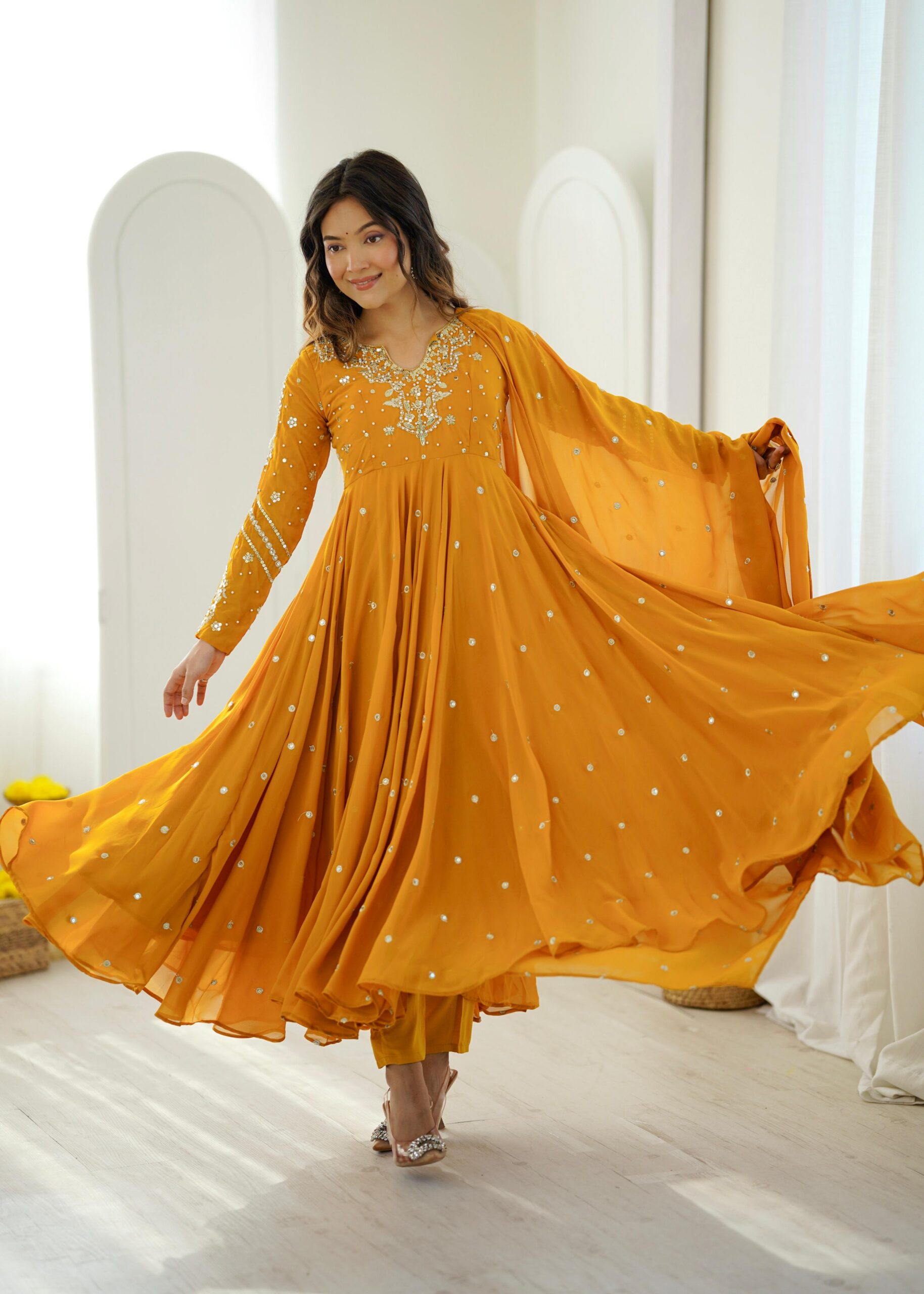 JF 056 Yellow Faux Georgette Salwar Suit with Mirror Work & Embroidery Work. Get it for ₹2349. Delivery 4-6 Working Days. Shop now. | Jump Suits, Salwar suit, Casual Suits, Creative suits, Designer Suits, Palazzo Suits, Party Wear Suits, Patiala Suits, Straight Suits