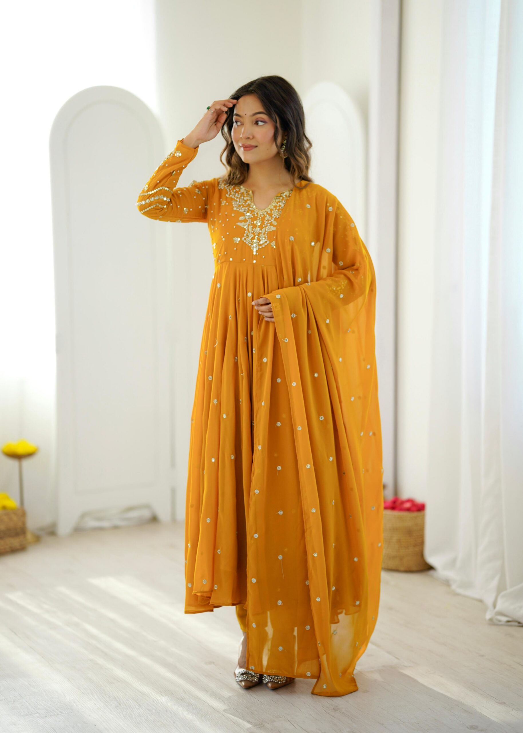 JF 056 Yellow Faux Georgette Salwar Suit with Mirror Work & Embroidery Work. Get it for ₹2349. Delivery 4-6 Working Days. Shop now. | Jump Suits, Salwar suit, Casual Suits, Creative suits, Designer Suits, Palazzo Suits, Party Wear Suits, Patiala Suits, Straight Suits