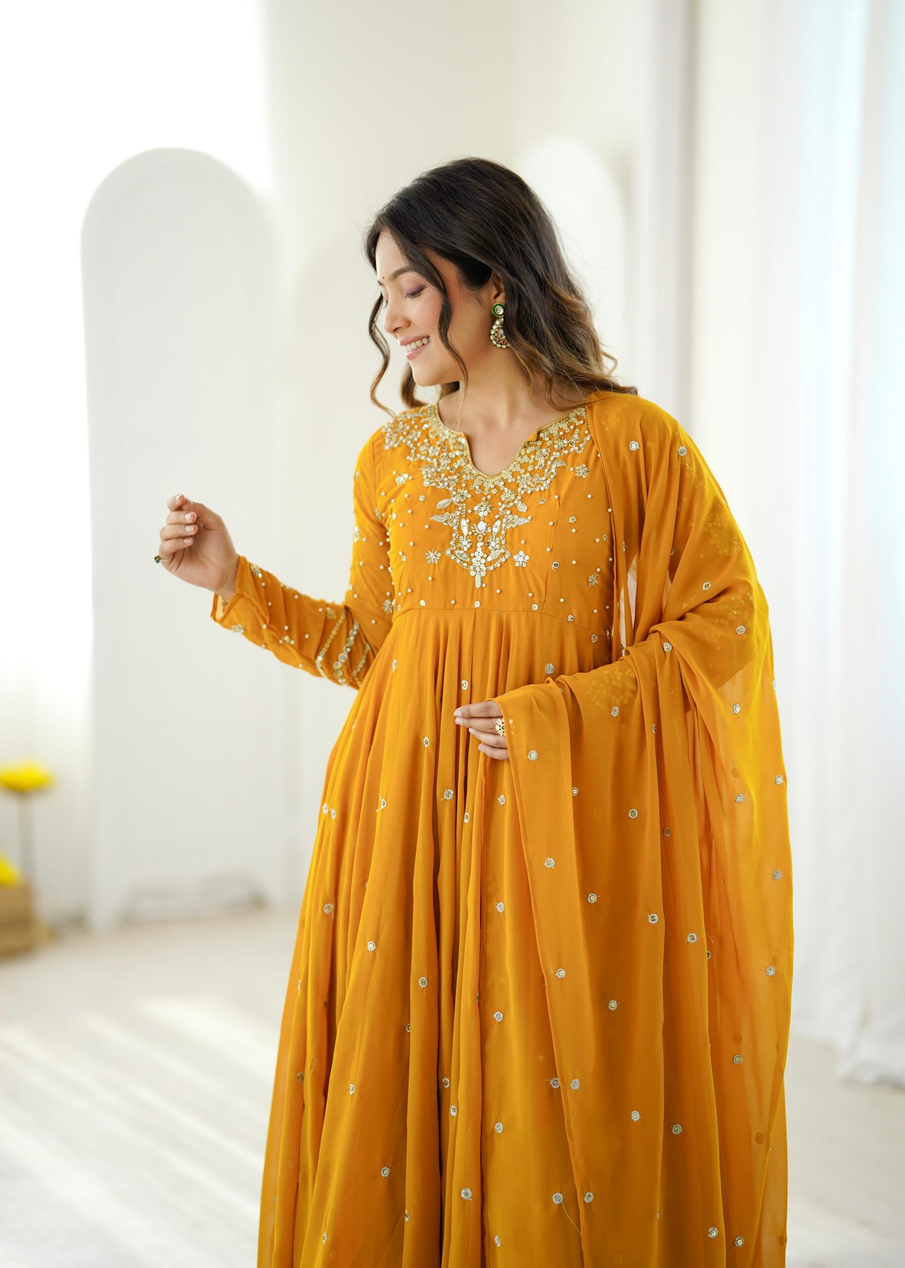 JF 056 Yellow Faux Georgette Salwar Suit with Mirror Work & Embroidery Work. Get it for ₹2349. Delivery 4-6 Working Days. Shop now. | Jump Suits, Salwar suit, Casual Suits, Creative suits, Designer Suits, Palazzo Suits, Party Wear Suits, Patiala Suits, Straight Suits