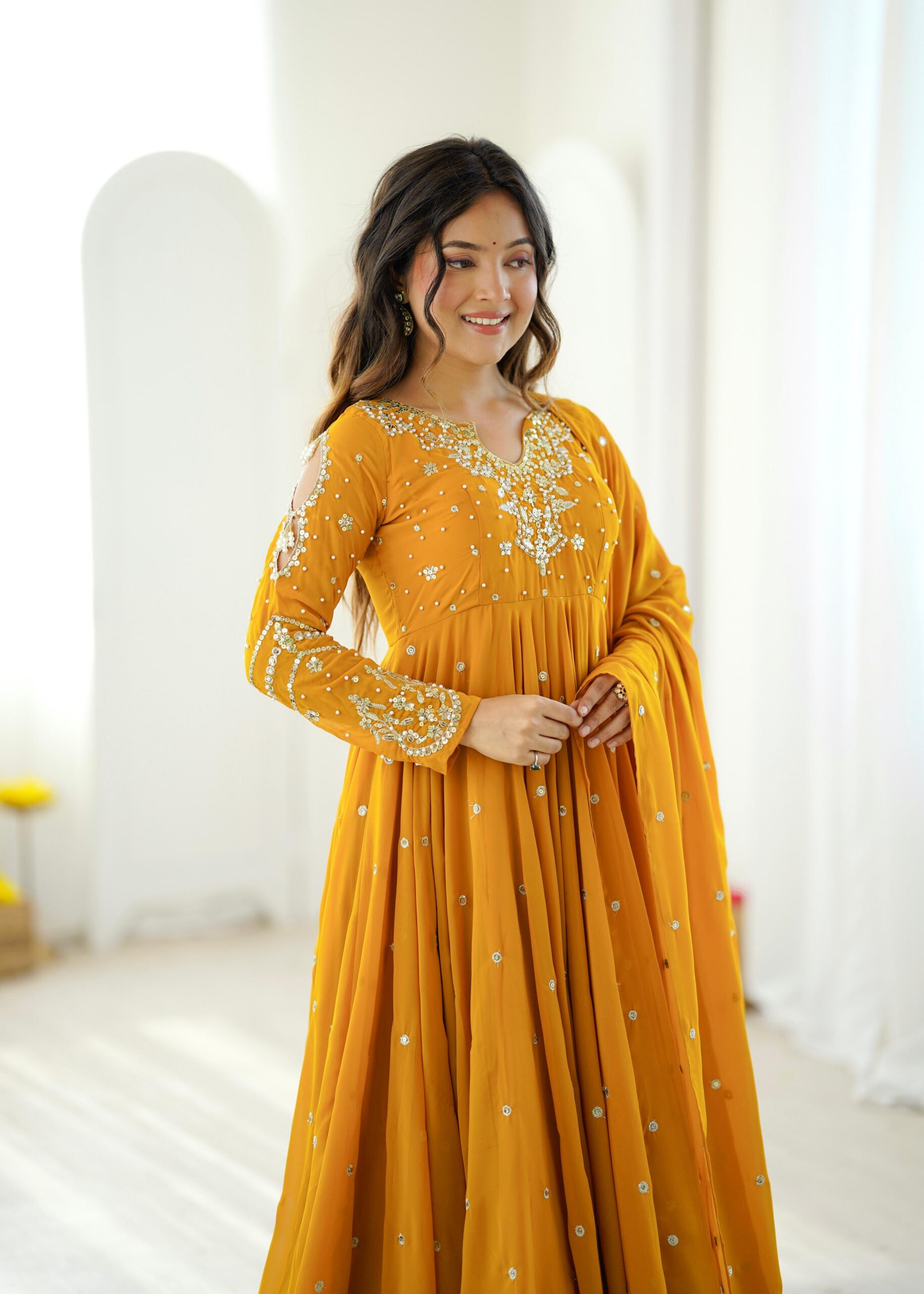 JF 056 Yellow Faux Georgette Salwar Suit with Mirror Work & Embroidery Work. Get it for ₹2349. Delivery 4-6 Working Days. Shop now. | Jump Suits, Salwar suit, Casual Suits, Creative suits, Designer Suits, Palazzo Suits, Party Wear Suits, Patiala Suits, Straight Suits