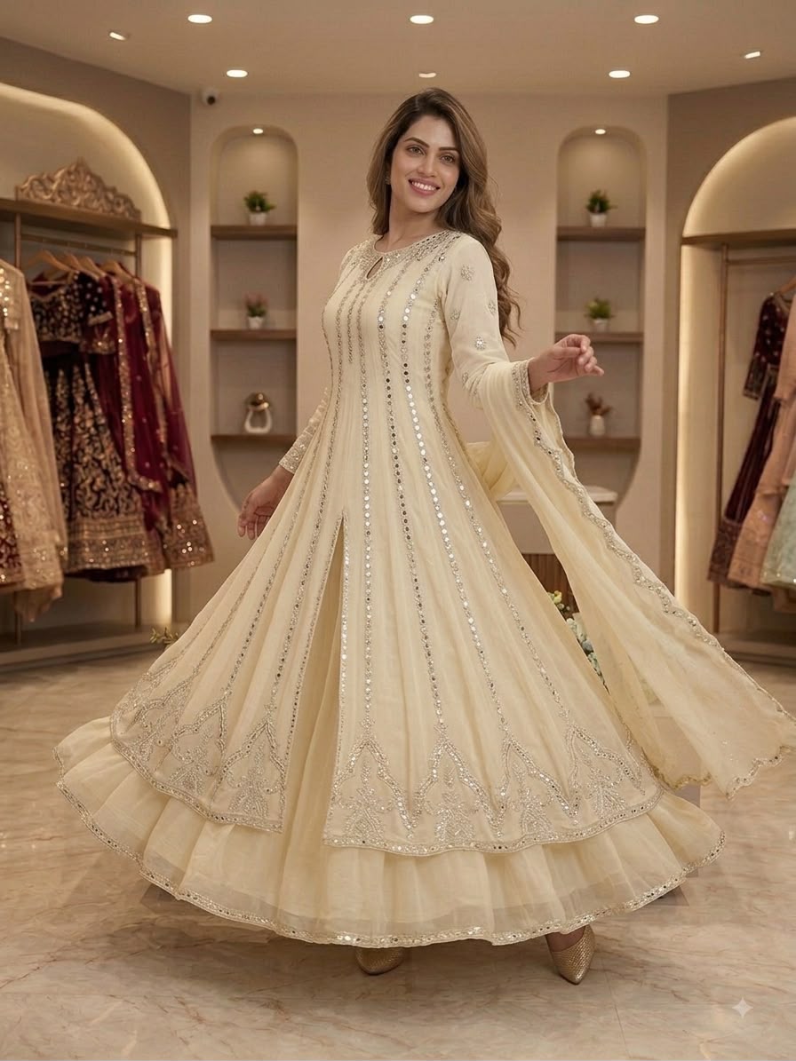 LG 2138 Cream Georgette Gown Perfect for Wedding, Party, Raksha Bandhan, Temple Visit, Onam – . Get it for ₹2899. Delivery 4-6 Working Days. Shop now | Gowns, Bollywood Gowns, Creative Gowns, Designer Gowns, Embroidered Gowns, Party Wear Gowns