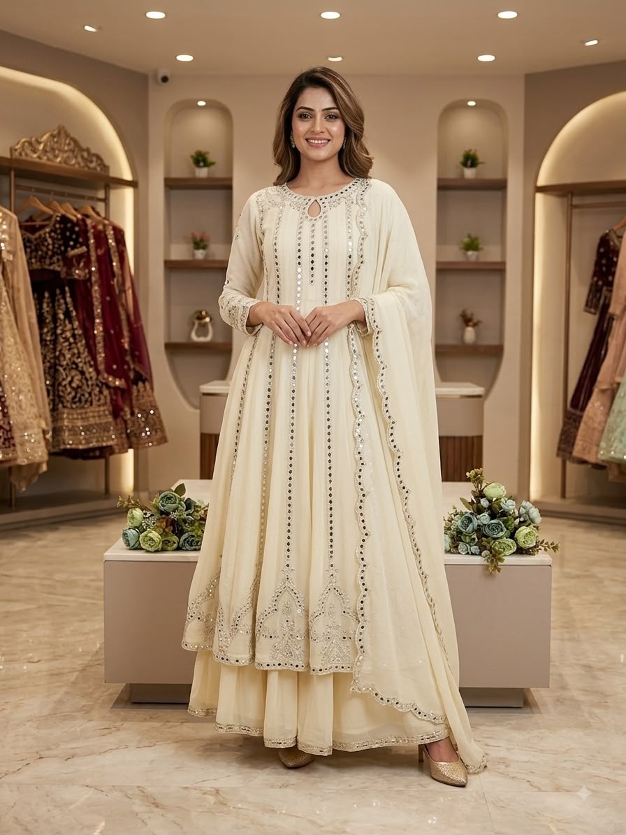 LG 2138 Cream Georgette Gown Perfect for Wedding, Party, Raksha Bandhan, Temple Visit, Onam – . Get it for ₹2899. Delivery 4-6 Working Days. Shop now | Gowns, Bollywood Gowns, Creative Gowns, Designer Gowns, Embroidered Gowns, Party Wear Gowns