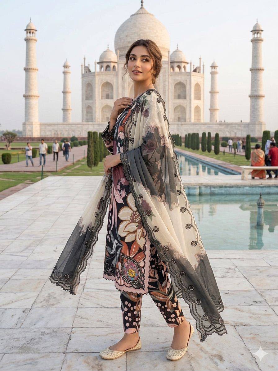 LG 2094 Black Perfect for Wedding, Party, Ganesh Chaturthi, Cultural Events, Durga Puja – Printed Muslin Salwar Suit. Now at just ₹2299. Delivery 4-6 Worki | Jump Suits, Salwar suit, Casual Suits, Creative suits, Designer Suits, Palazzo Suits, Party Wear Suits, Patiala Suits, Straight Suits