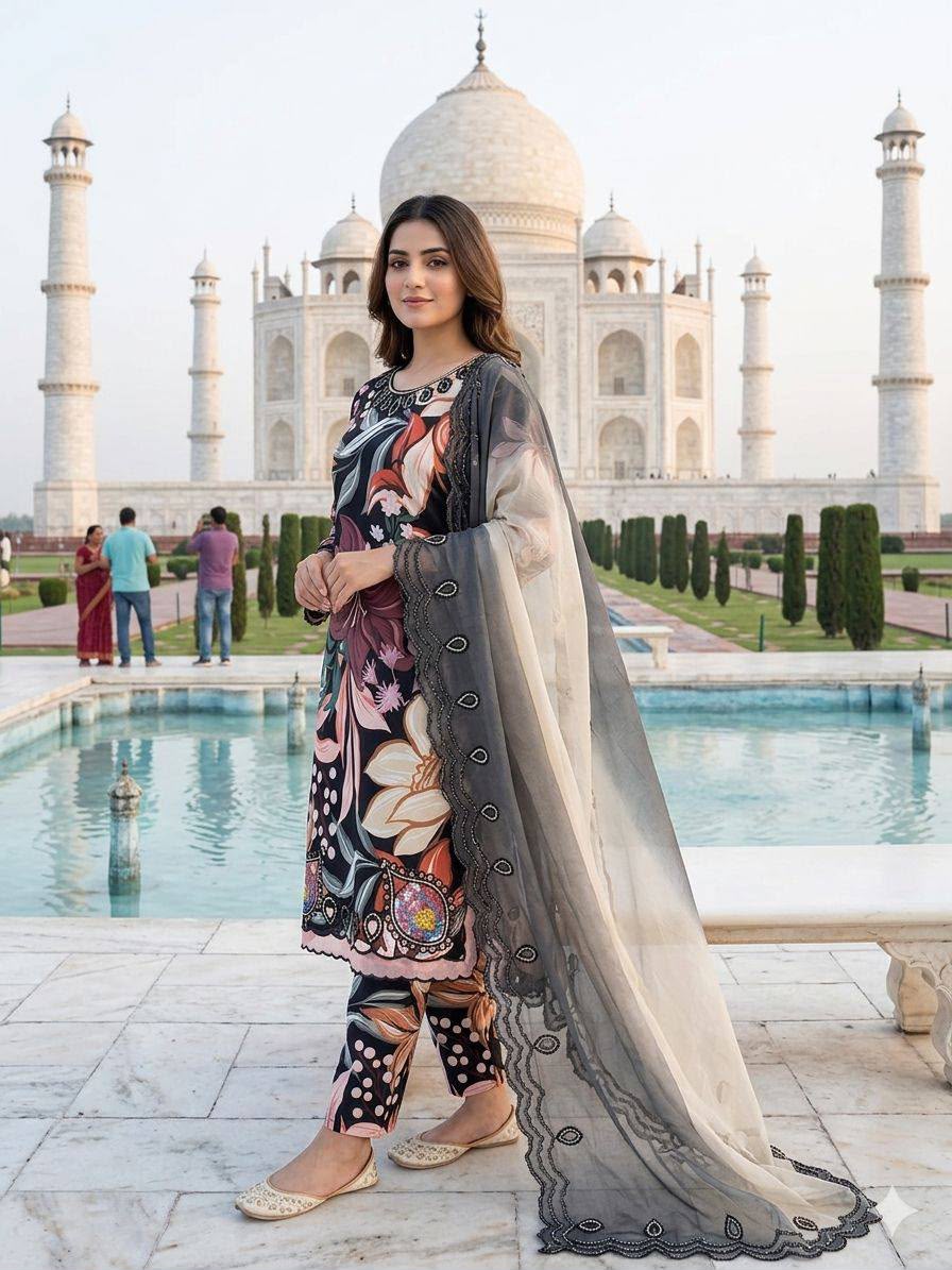 LG 2094 Black Perfect for Wedding, Party, Ganesh Chaturthi, Cultural Events, Durga Puja – Printed Muslin Salwar Suit. Now at just ₹2299. Delivery 4-6 Worki | Jump Suits, Salwar suit, Casual Suits, Creative suits, Designer Suits, Palazzo Suits, Party Wear Suits, Patiala Suits, Straight Suits
