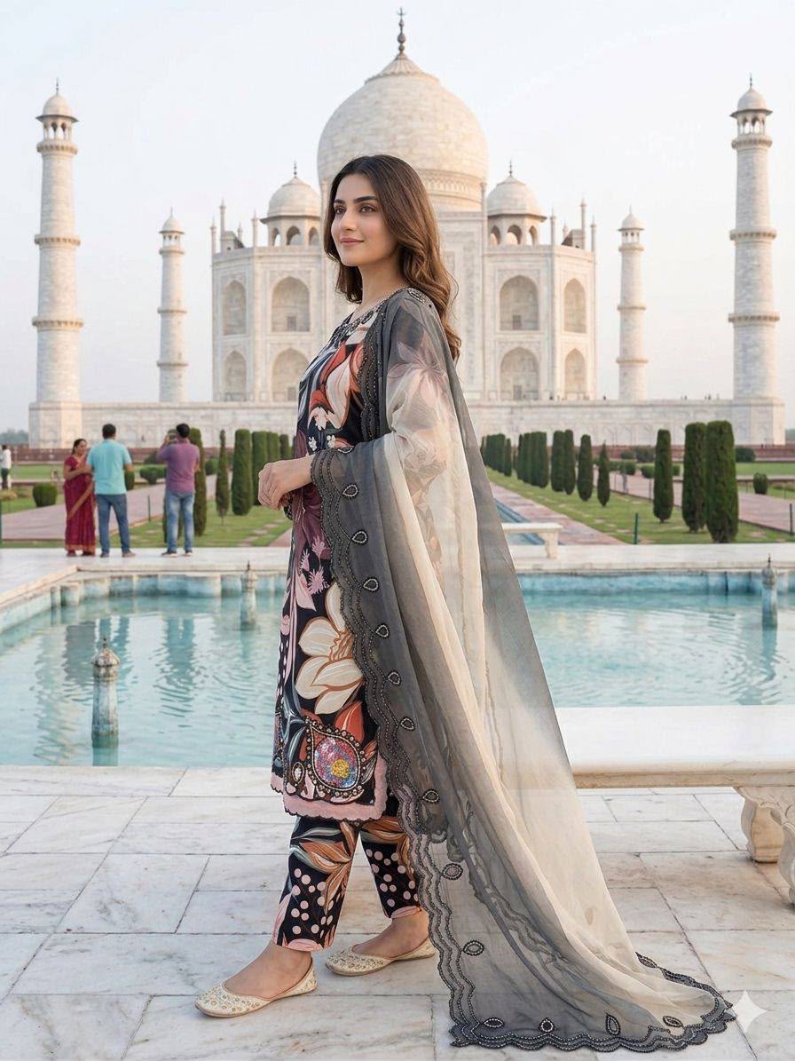 LG 2094 Black Perfect for Wedding, Party, Ganesh Chaturthi, Cultural Events, Durga Puja – Printed Muslin Salwar Suit. Now at just ₹2299. Delivery 4-6 Worki | Jump Suits, Salwar suit, Casual Suits, Creative suits, Designer Suits, Palazzo Suits, Party Wear Suits, Patiala Suits, Straight Suits