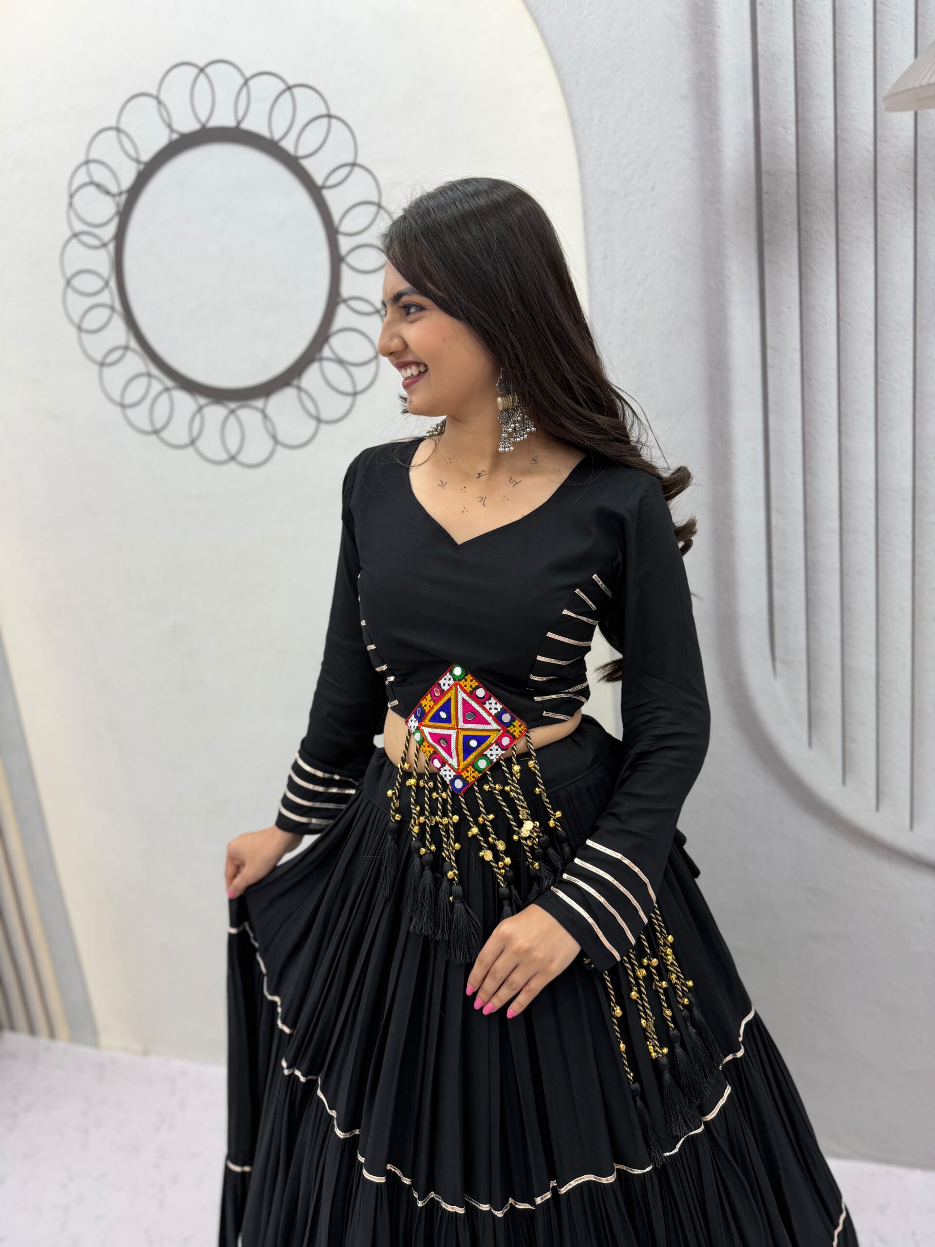 PC 597 Black in Pure Cotton Mirror Work & Gamthi Work Lehenga Choli . Exclusive Offer ₹2899. Delivery 4-6 Working Days. Shop now. | Lehenga, Bollywood Lehenga, Creative Lehenga, Designer Lehenga, Embroidered Lehenga, Party Wear Lehenga