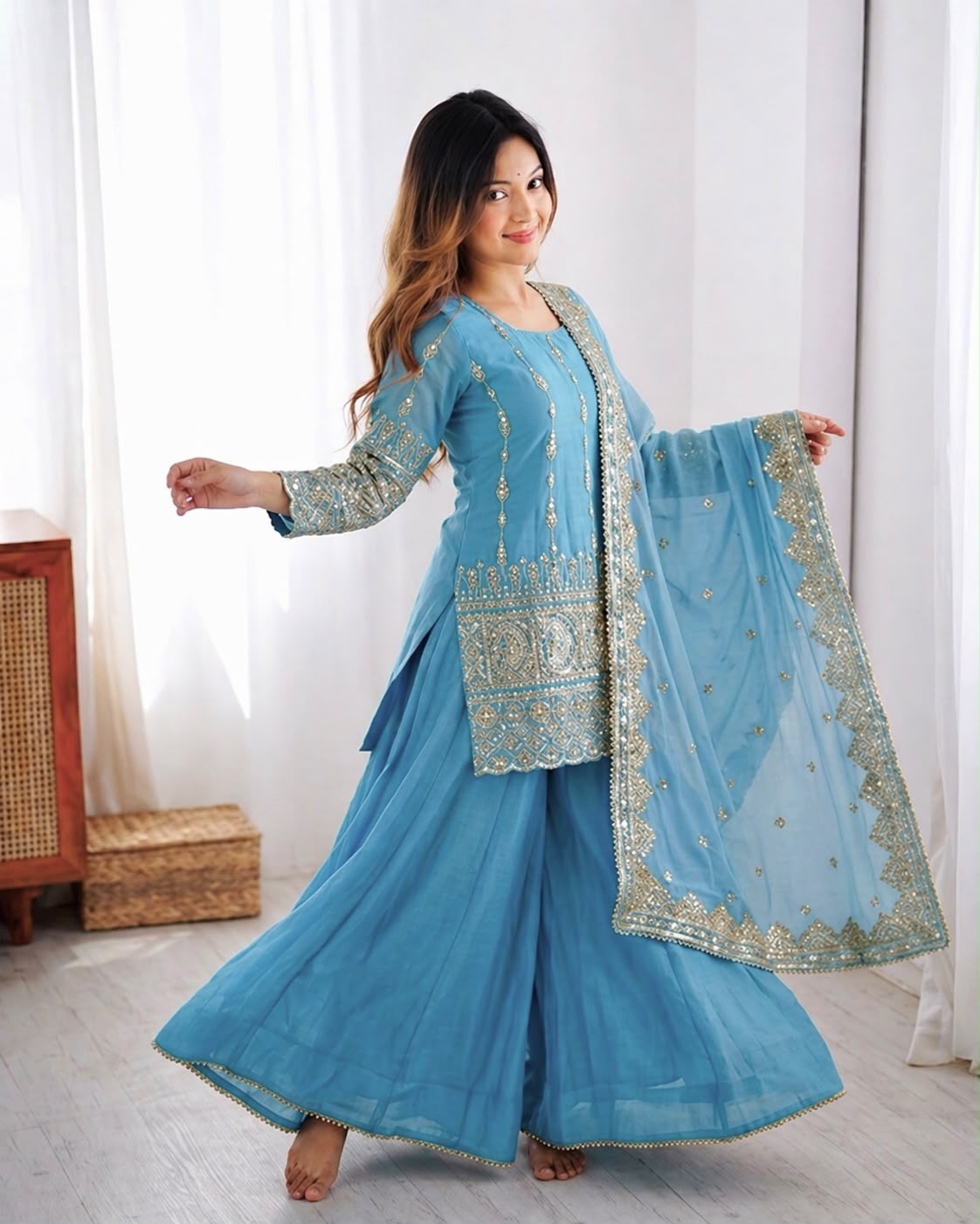 ZF 430 Sky Blue Vichitra Silk Salwar Suit with Embroidery Work. Wedding, Party, Festive, Events, Grab it for ₹2399. Delivery 4-6 Working Days. Shop now. | Jump Suits, Salwar suit, Casual Suits, Creative suits, Designer Suits, Palazzo Suits, Party Wear Suits, Patiala Suits, Straight Suits
