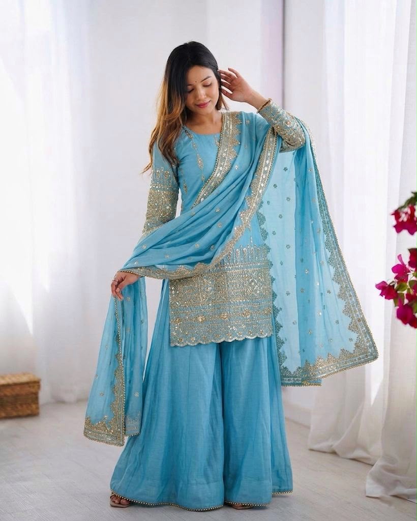 ZF 430 Sky Blue Vichitra Silk Salwar Suit with Embroidery Work. Wedding, Party, Festive, Events, Grab it for ₹2399. Delivery 4-6 Working Days. Shop now. | Jump Suits, Salwar suit, Casual Suits, Creative suits, Designer Suits, Palazzo Suits, Party Wear Suits, Patiala Suits, Straight Suits